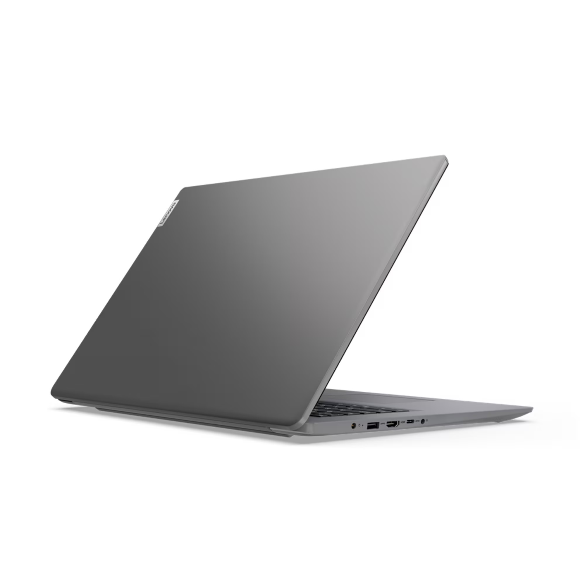 Grauer Laptop von hinten. Lenovo-Logo sichtbar. Isoliert auf weißem Hintergrund.