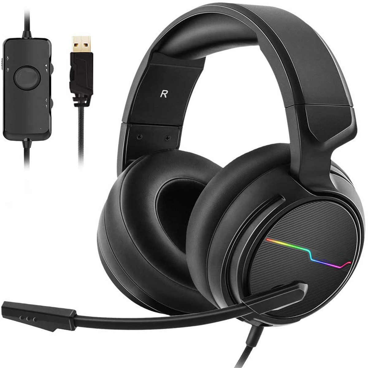 Schwarzes Gaming-Headset mit Mikrofon und USB-Kabel. Hat ein Regenbogenlicht am Ohr.