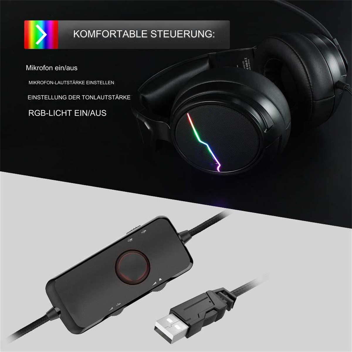 Schwarzes Gaming-Headset mit Steuereinheit, USB-Kabel und schwarzem Hintergrund.