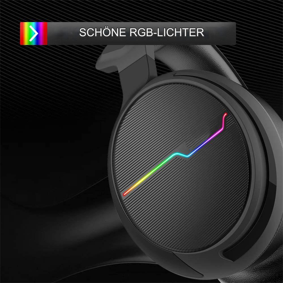 Ein schwarzes Gaming-Headset mit farbenfrohen RGB-Lichtern. Die Lichter befinden sich auf der Ohrmuschel. Der Hintergrund ist schwarz.