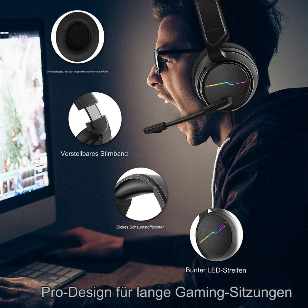 Eine Person, die Gaming-Kopfhörer mit Mikrofon trägt, Diagramme, die die Funktionen der Kopfhörer zeigen.