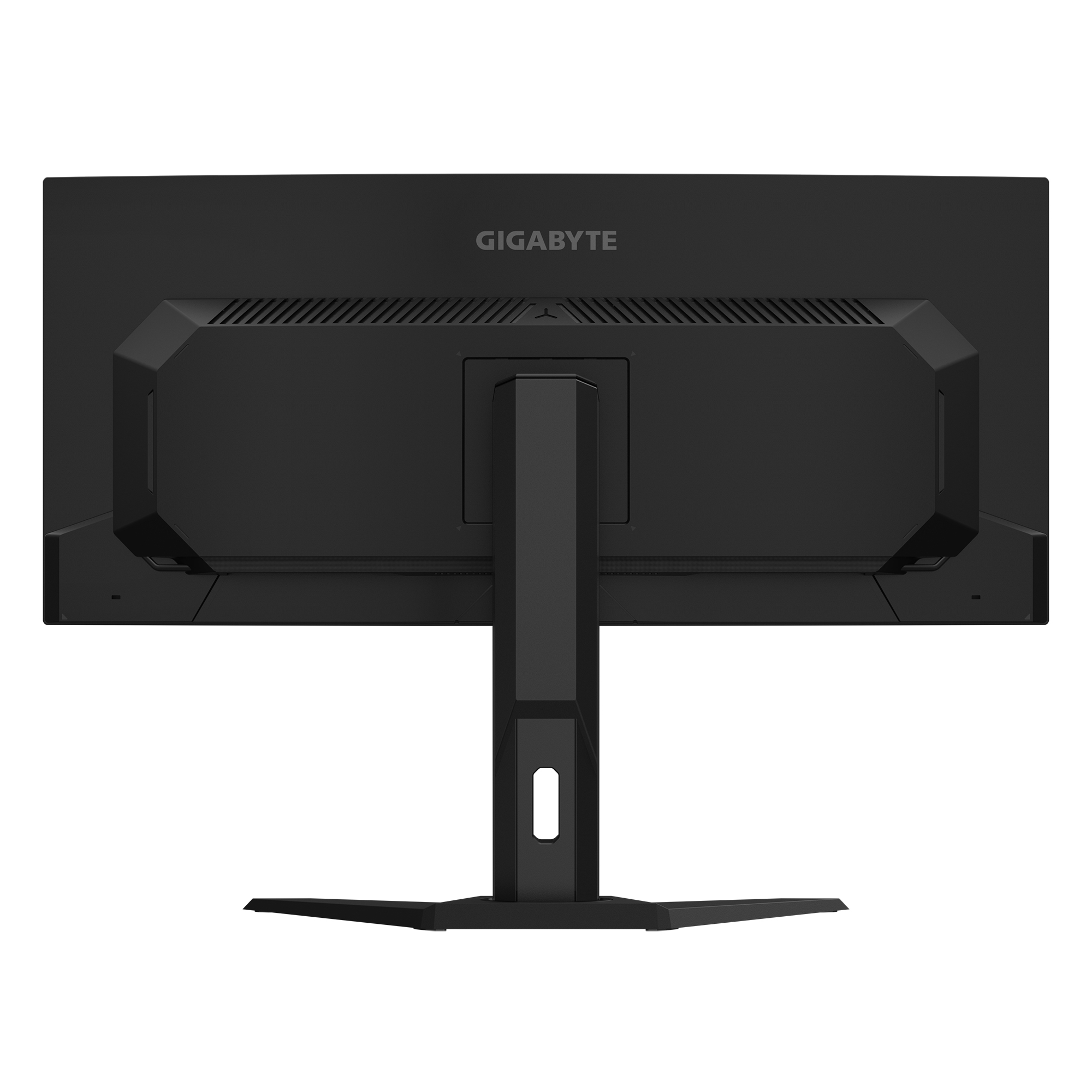 Tył czarnego monitora komputerowego. Monitor ma podstawę i markę GIGABYTE u góry.