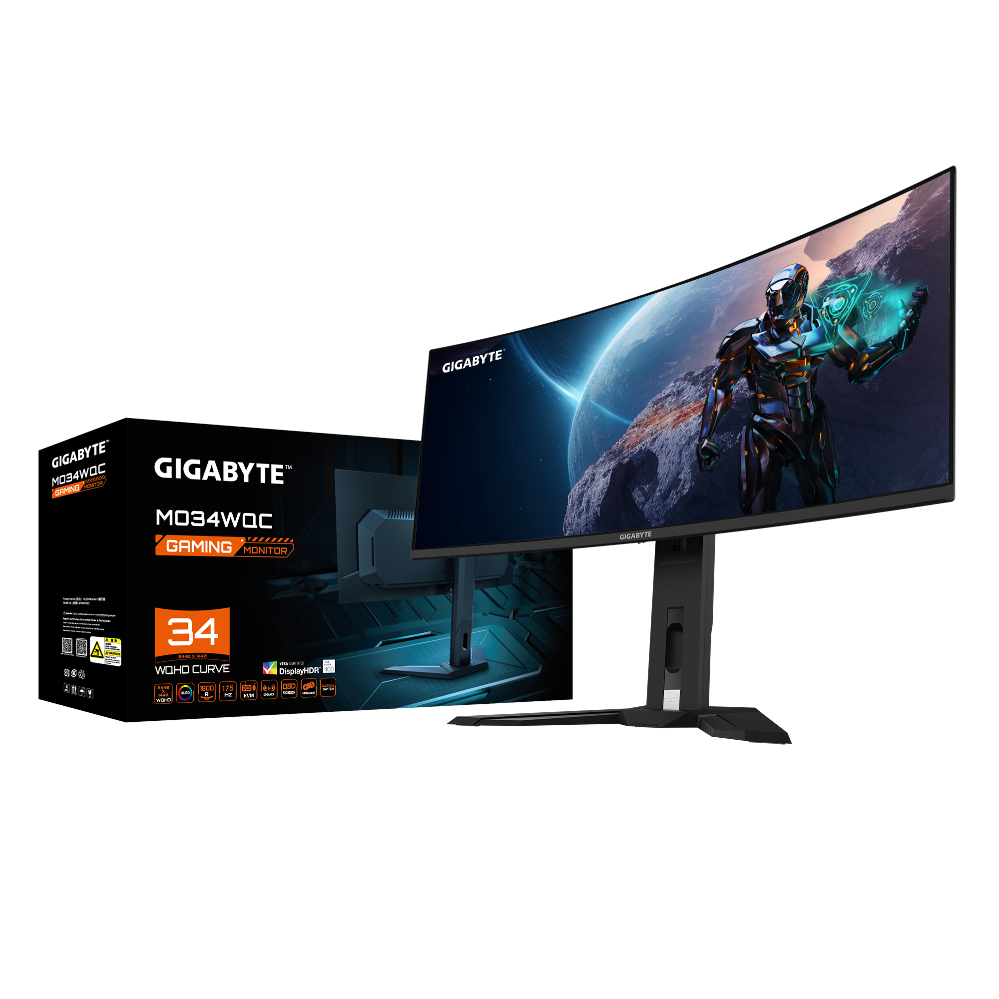 Monitor gamingowy Gigabyte z pudełkiem, zakrzywionym ekranem, czarną podstawą, białe tło.