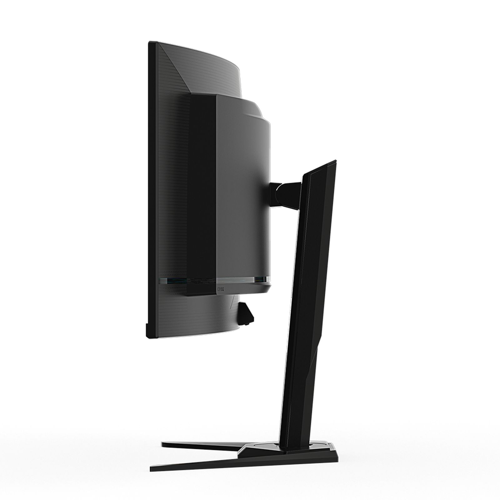 Czarny zakrzywiony monitor komputera na stojaku, widok z boku.