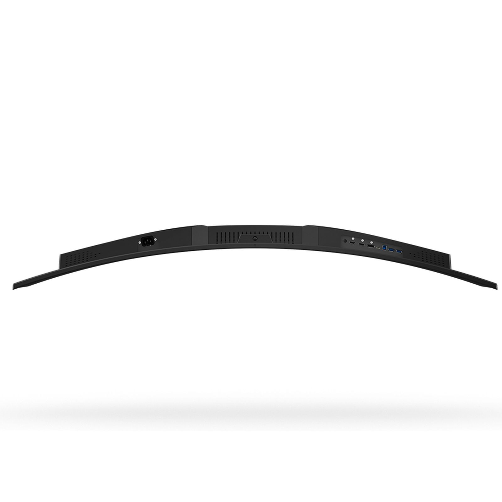 Zakrzywiony monitor komputerowy, czarny z szeregiem portów z tyłu, białe tło.