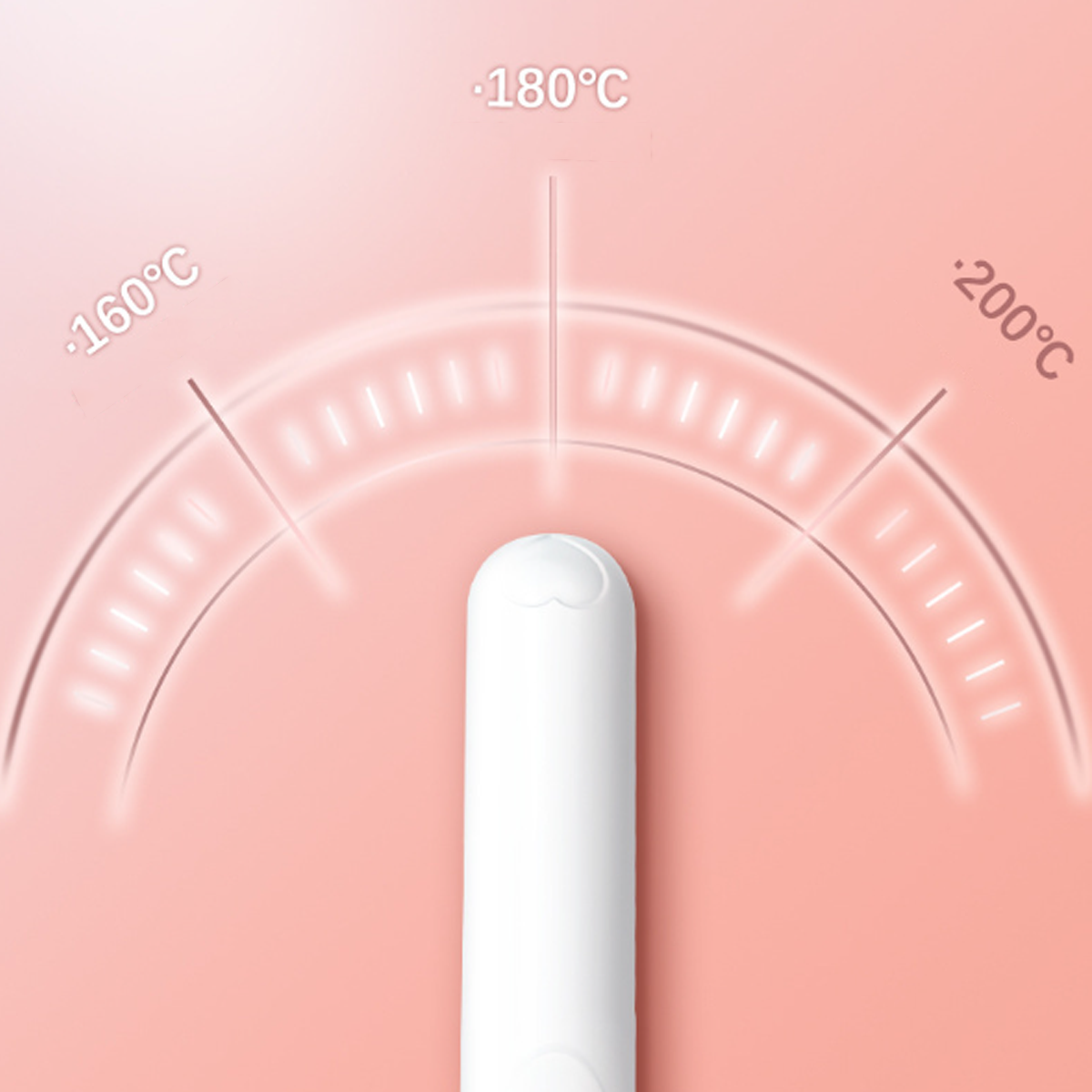 Ein weißes, gebogenes Objekt mit Temperaturanzeigen, vor rosa Hintergrund.
