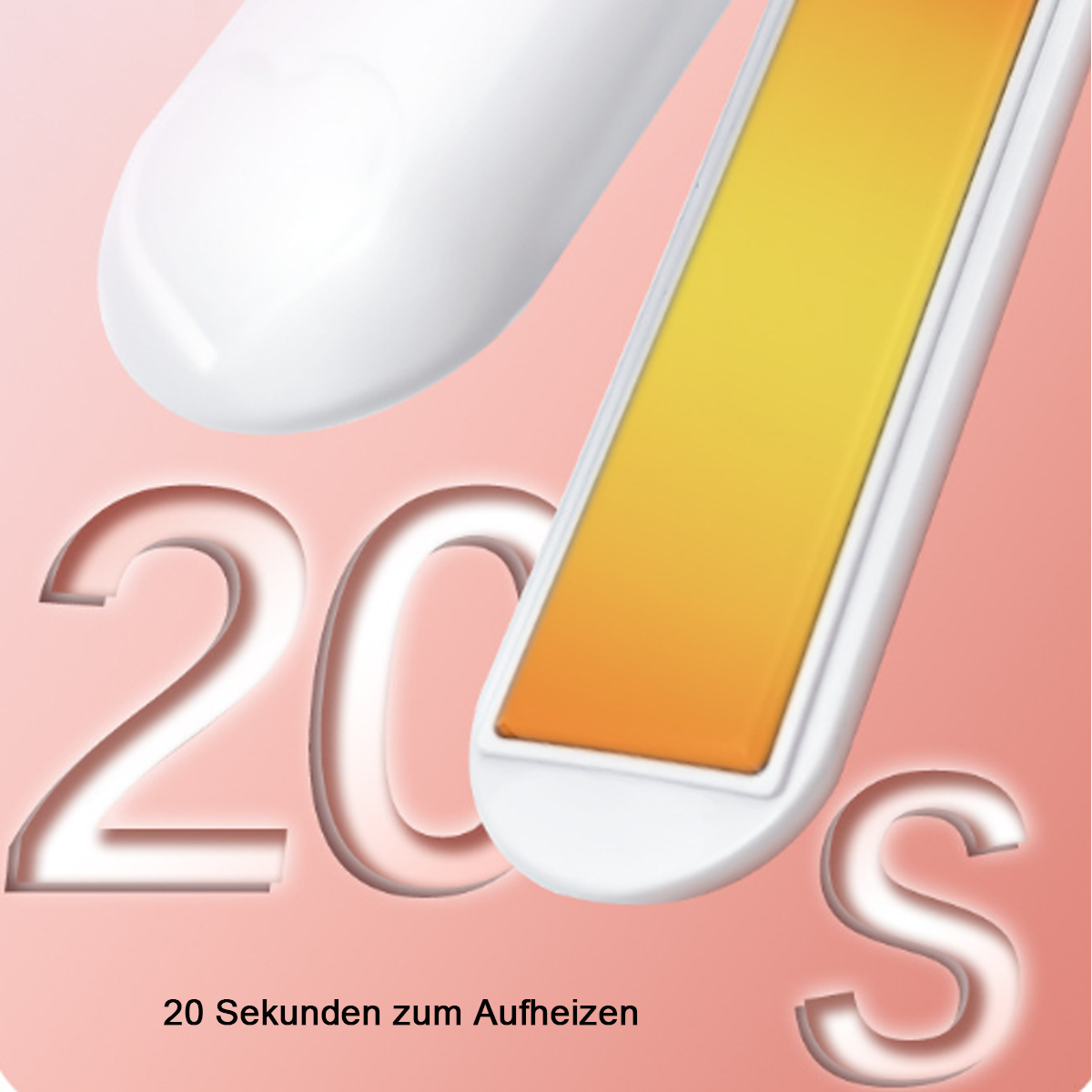 Ein Glätteisen, das eine gelbe Heizplatte zeigt, mit Textüberlagerung.