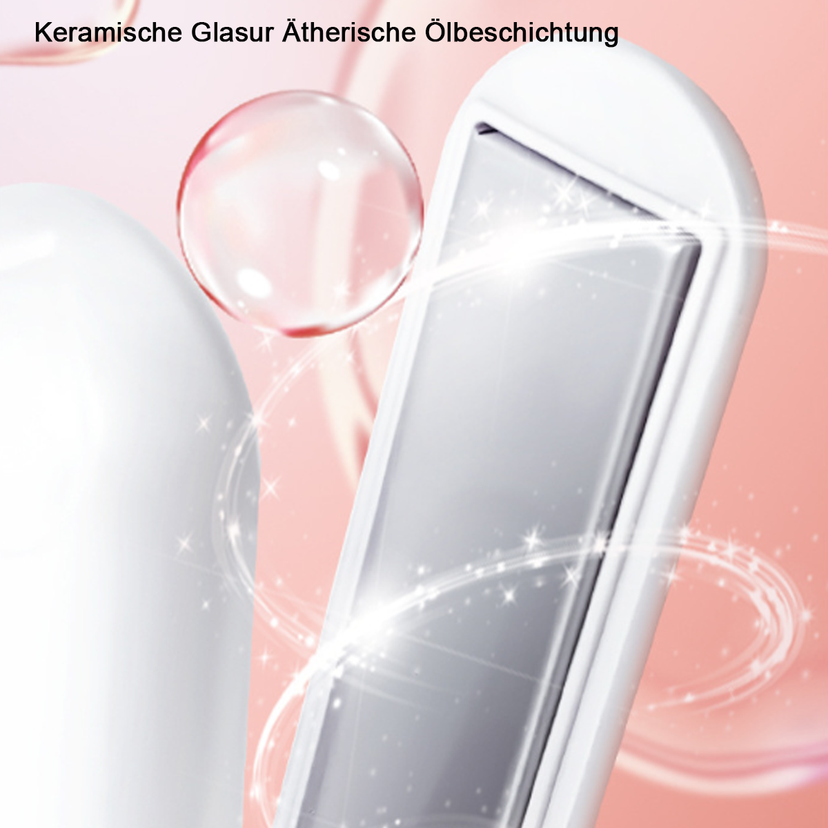 Nahaufnahme eines Haarglätters mit pinkem Hintergrund, zeigt die Heizplatten.