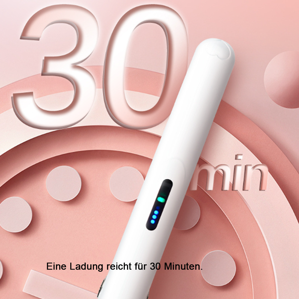 Weißes stiftartiges Gerät mit Kontrollleuchten. Große Zahl 30 im Hintergrund. Rosa Hintergrund.
