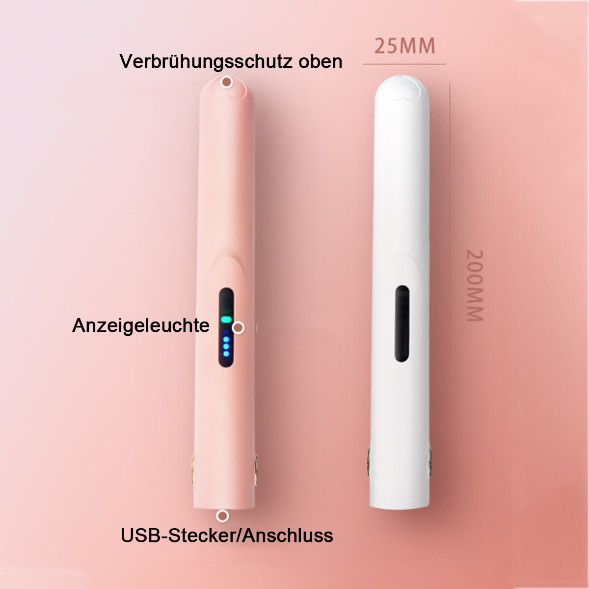 Zwei stiftförmige Geräte, rosa und weiß, mit Textanmerkungen.