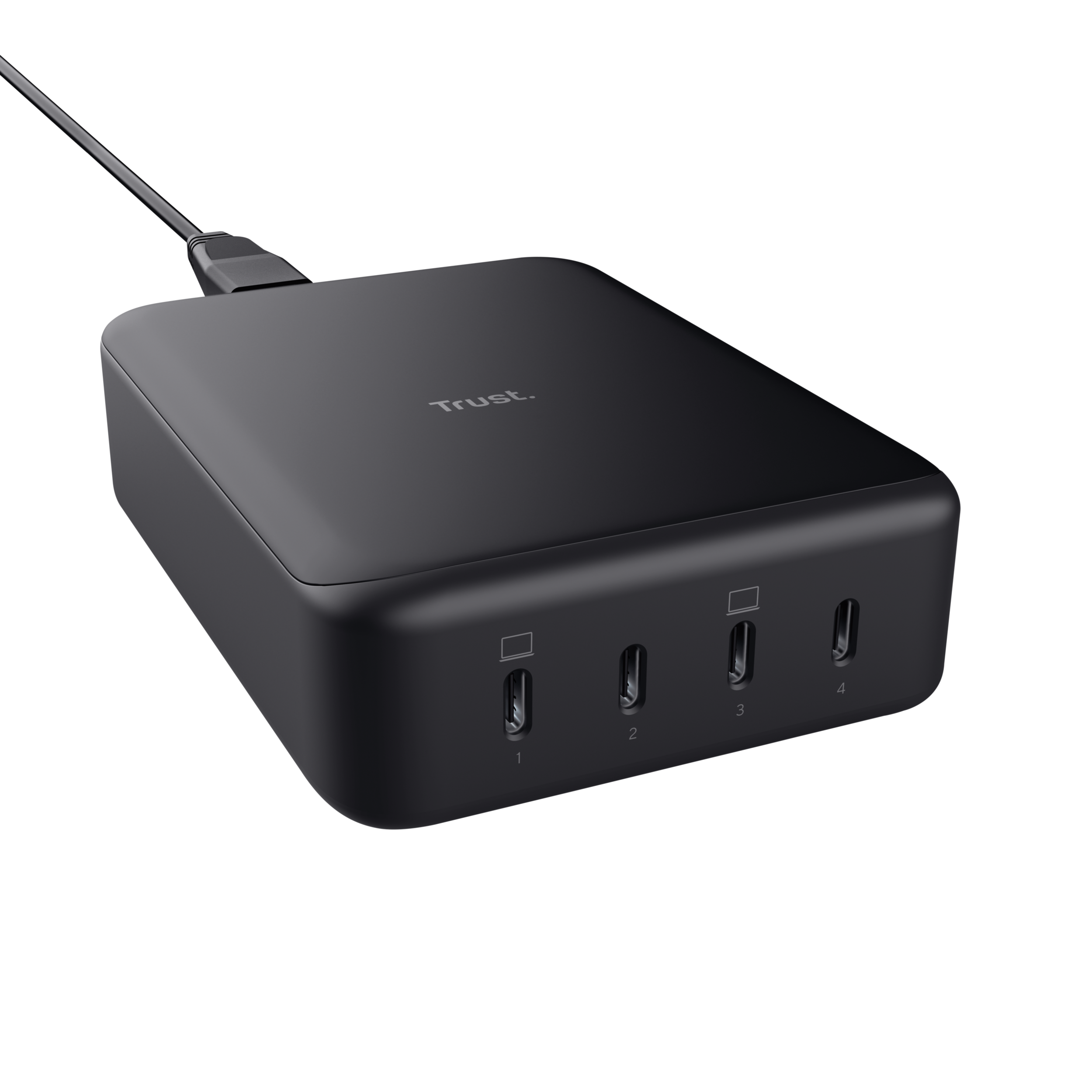 Zwart oplaadstation met vier poorten en een aangesloten USB-kabel.
