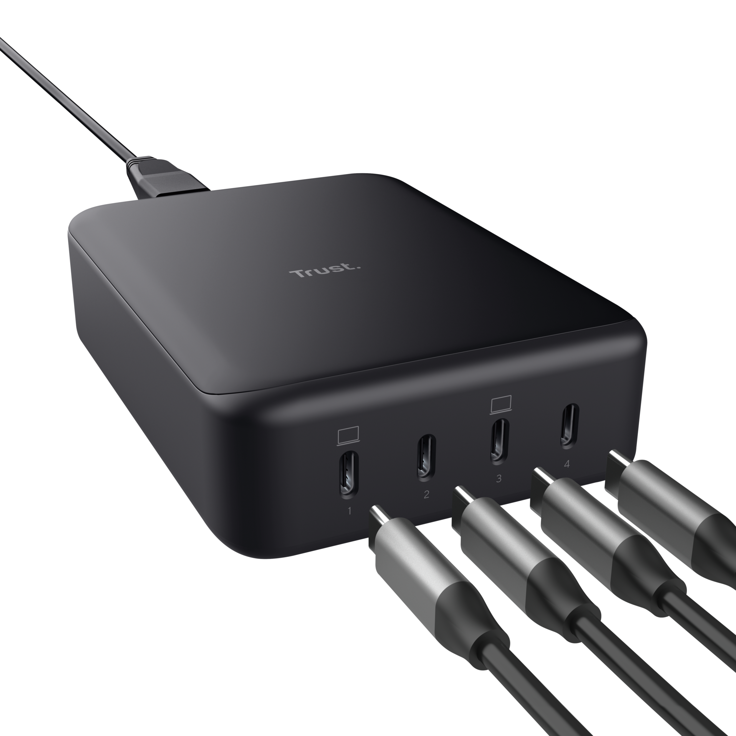 Zwarte USB-hub met 4 poorten en kabels. Trust-logo bovenaan.