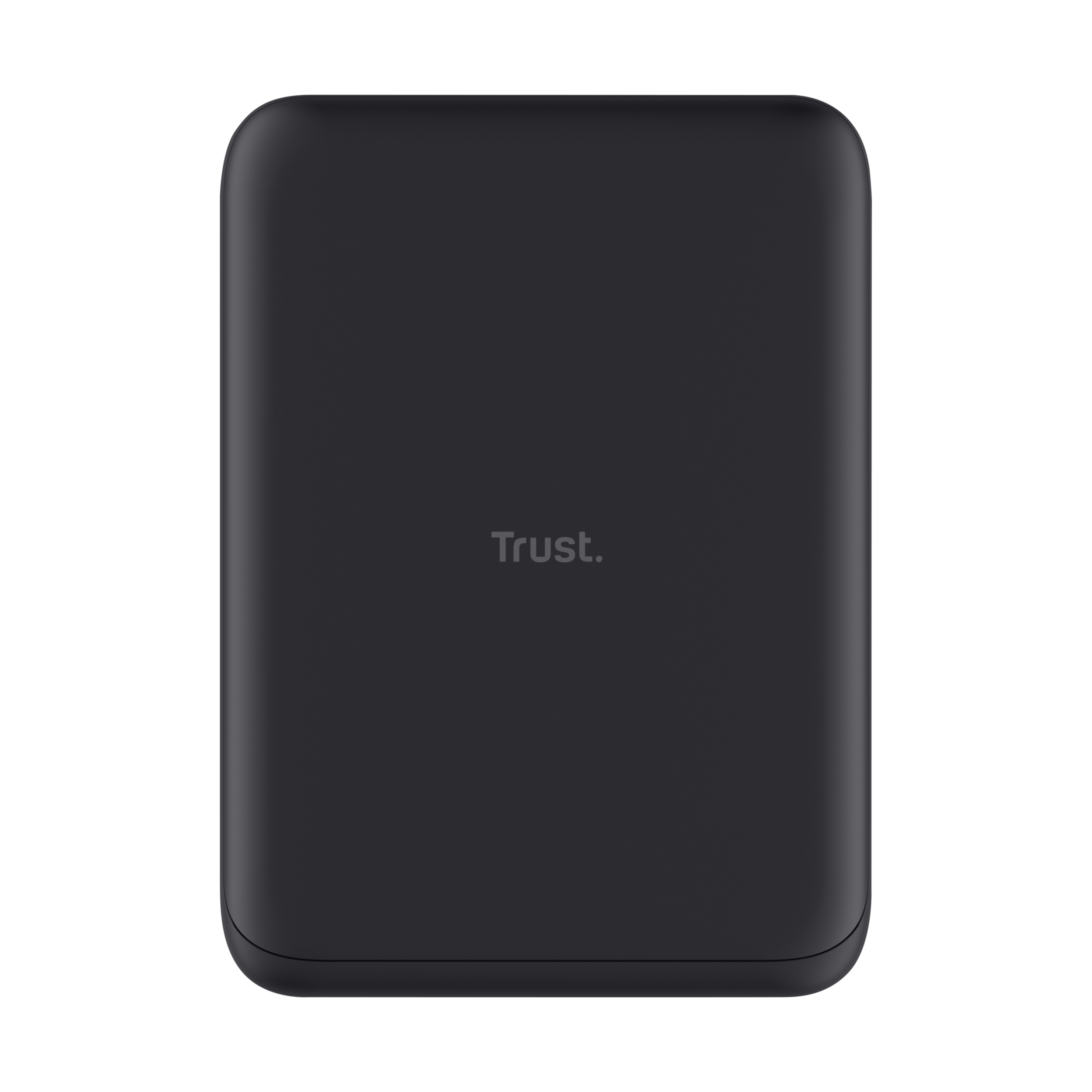 Zwarte Trust powerbank. Het product heeft een eenvoudig ontwerp en staat op een zwarte achtergrond.
