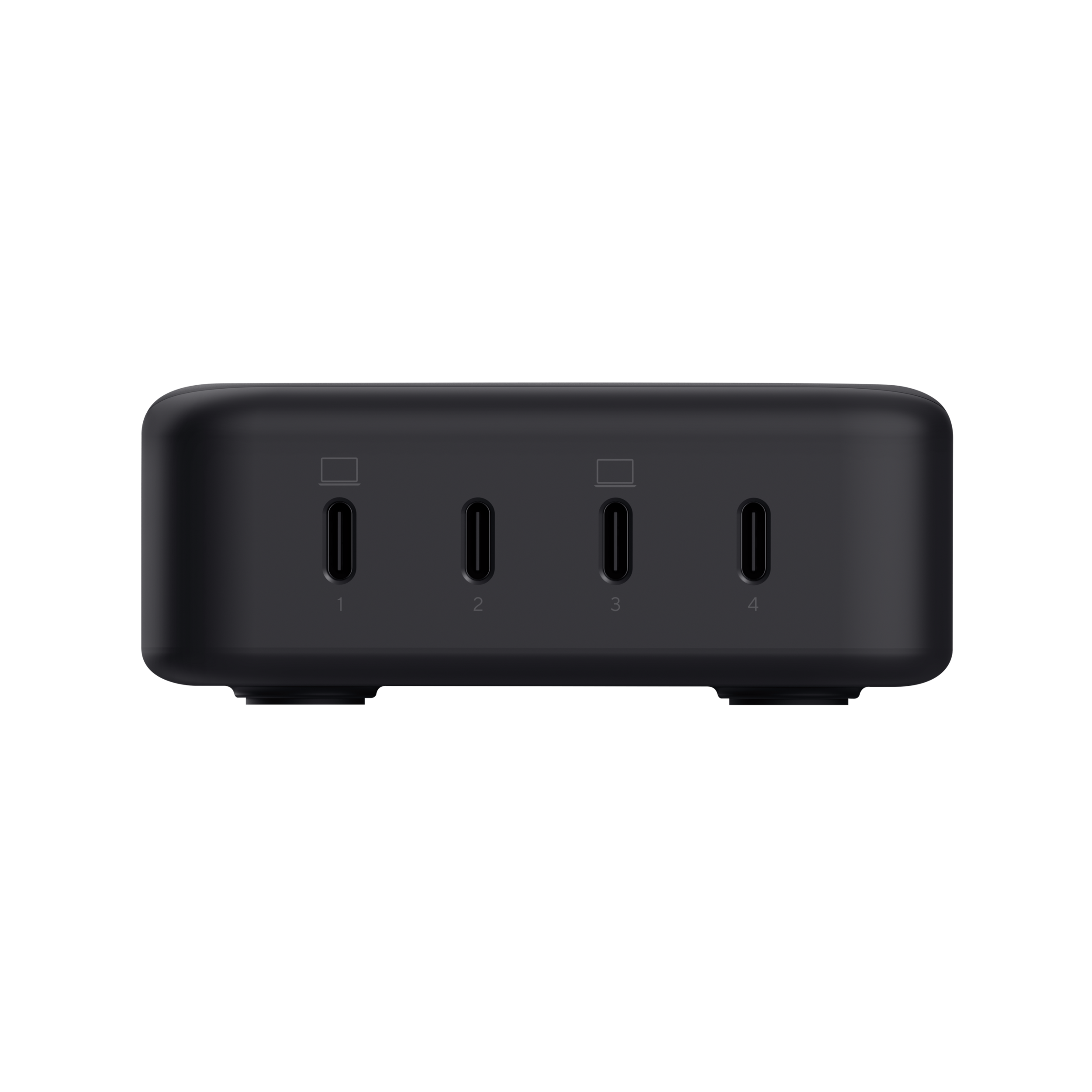 Zwarte hub met vier USB-C-poorten, genummerd 1-4. Zwarte achtergrond.