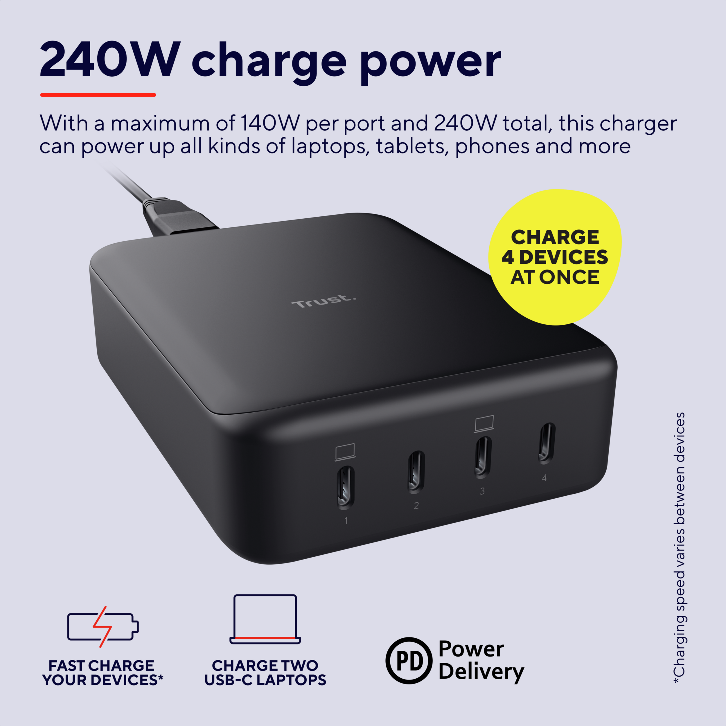 Zwarte oplader met vier USB-poorten, met tekst over 240W oplaadvermogen en snel opladen.