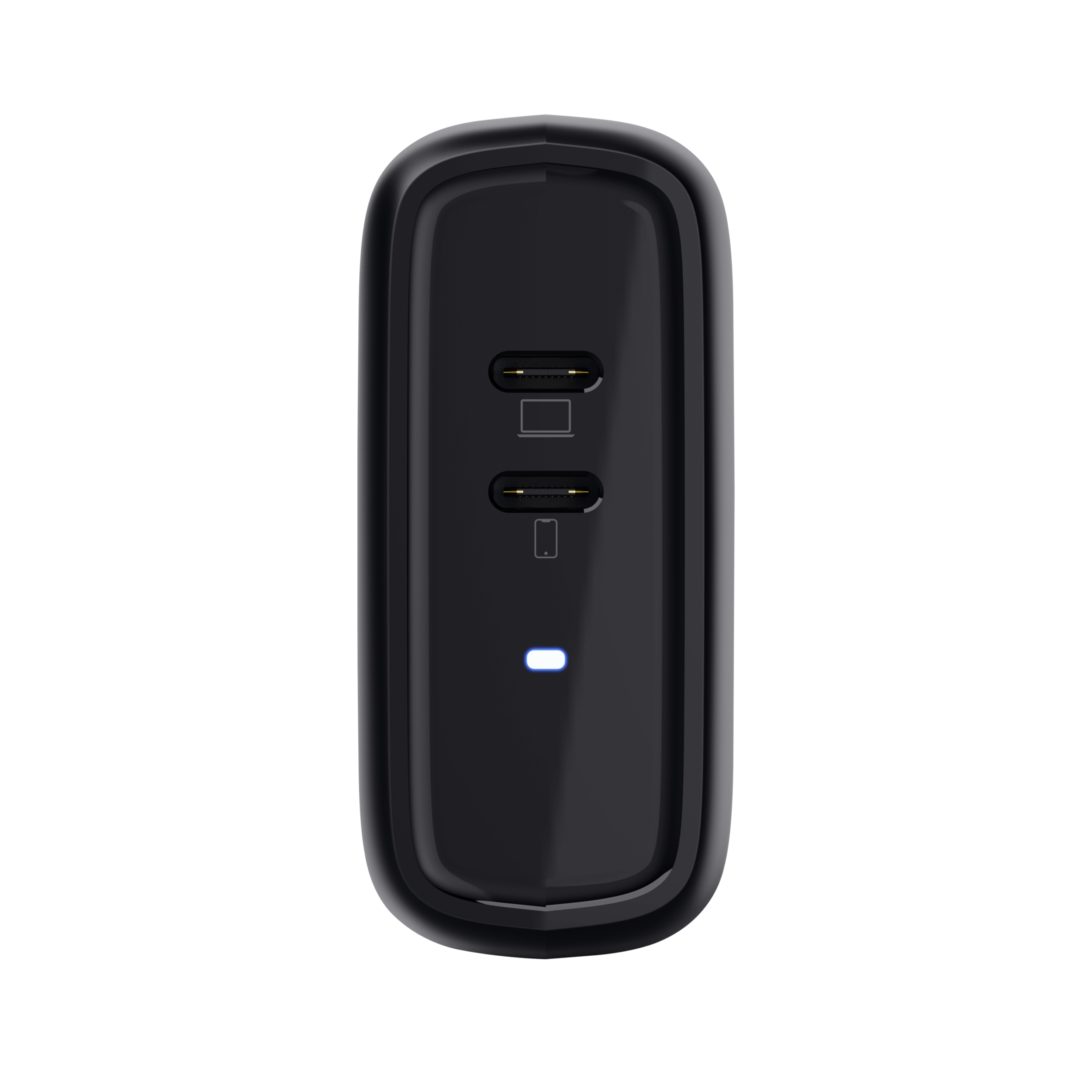 Zwarte, rechthoekige powerbank met twee USB-C poorten en een klein blauw indicatielampje.