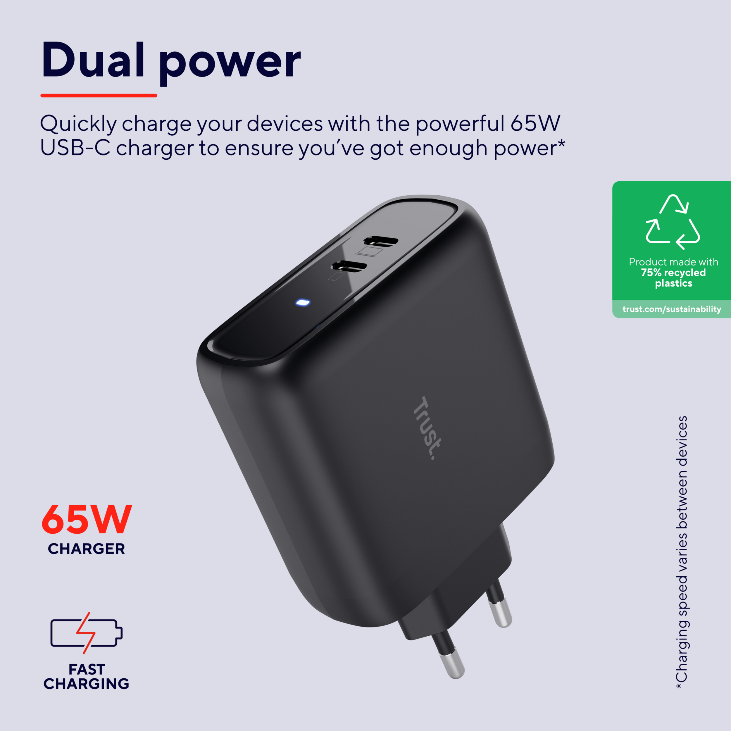 Zwarte oplader met USB-C poorten. Tekst zegt 'Dual power' en '65W Charger'.