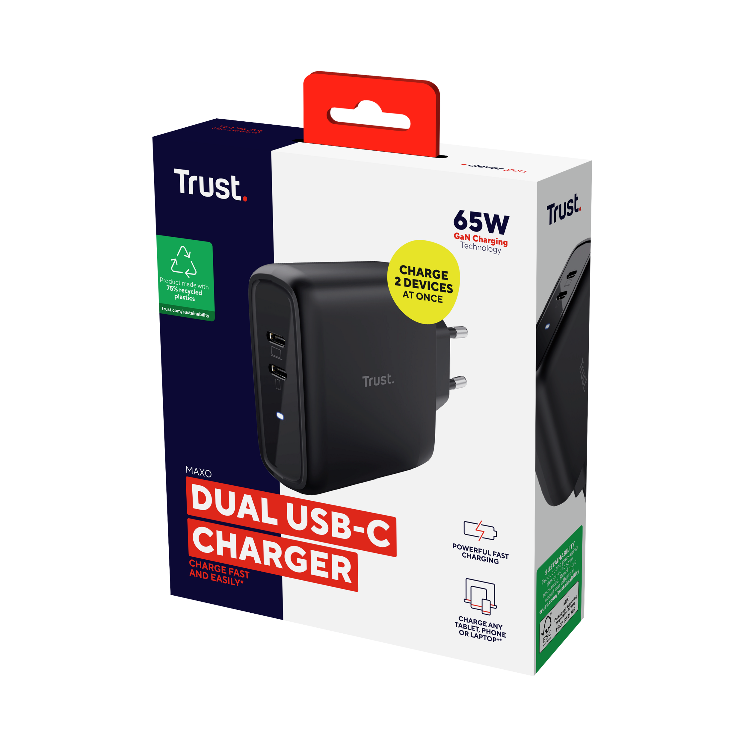 Zwarte dubbele USB-C-oplader in een doos. De doos toont tekst en pictogrammen.