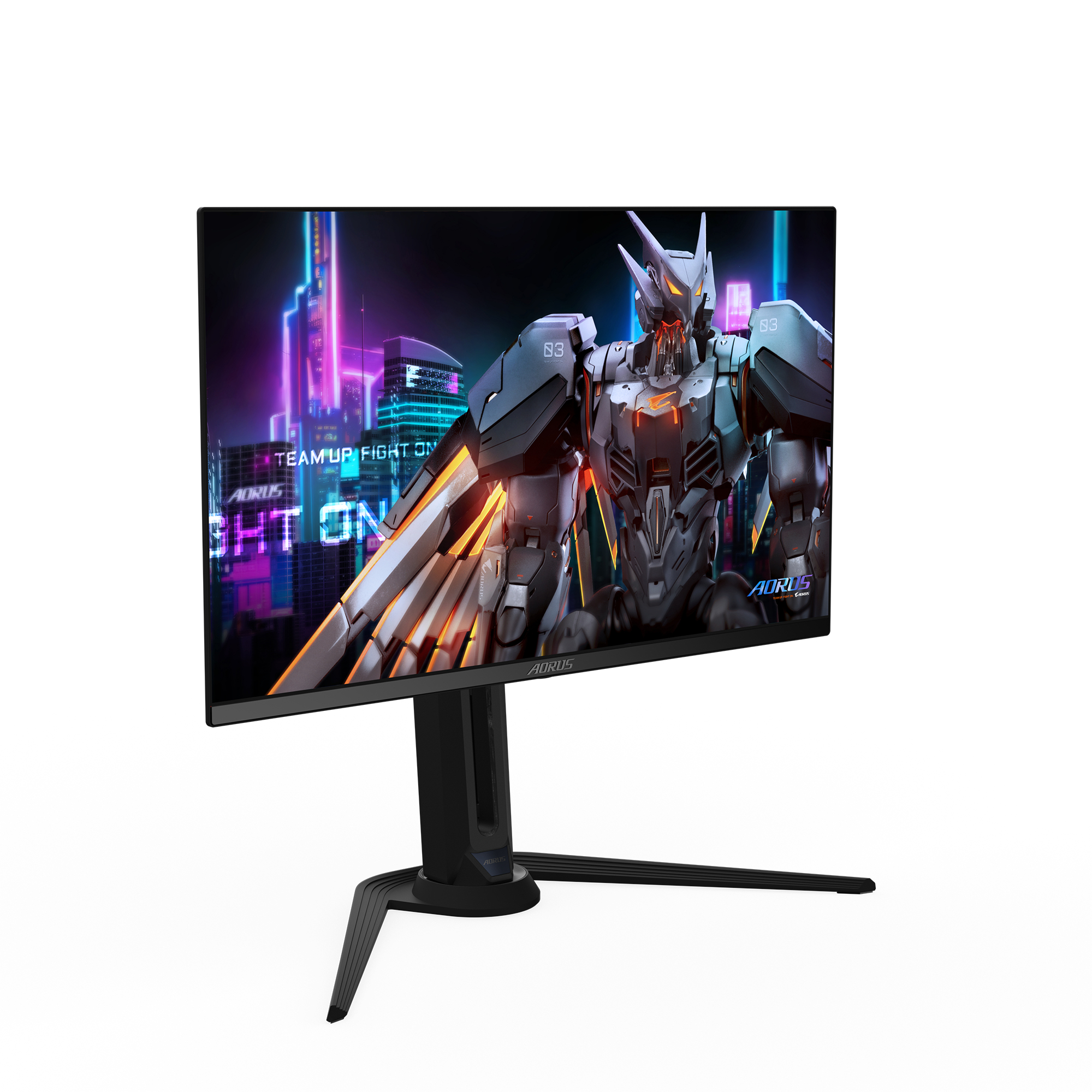 Schwarzer Computermonitor mit Roboter-Grafik auf dem Bildschirm und schwarzem Ständer.