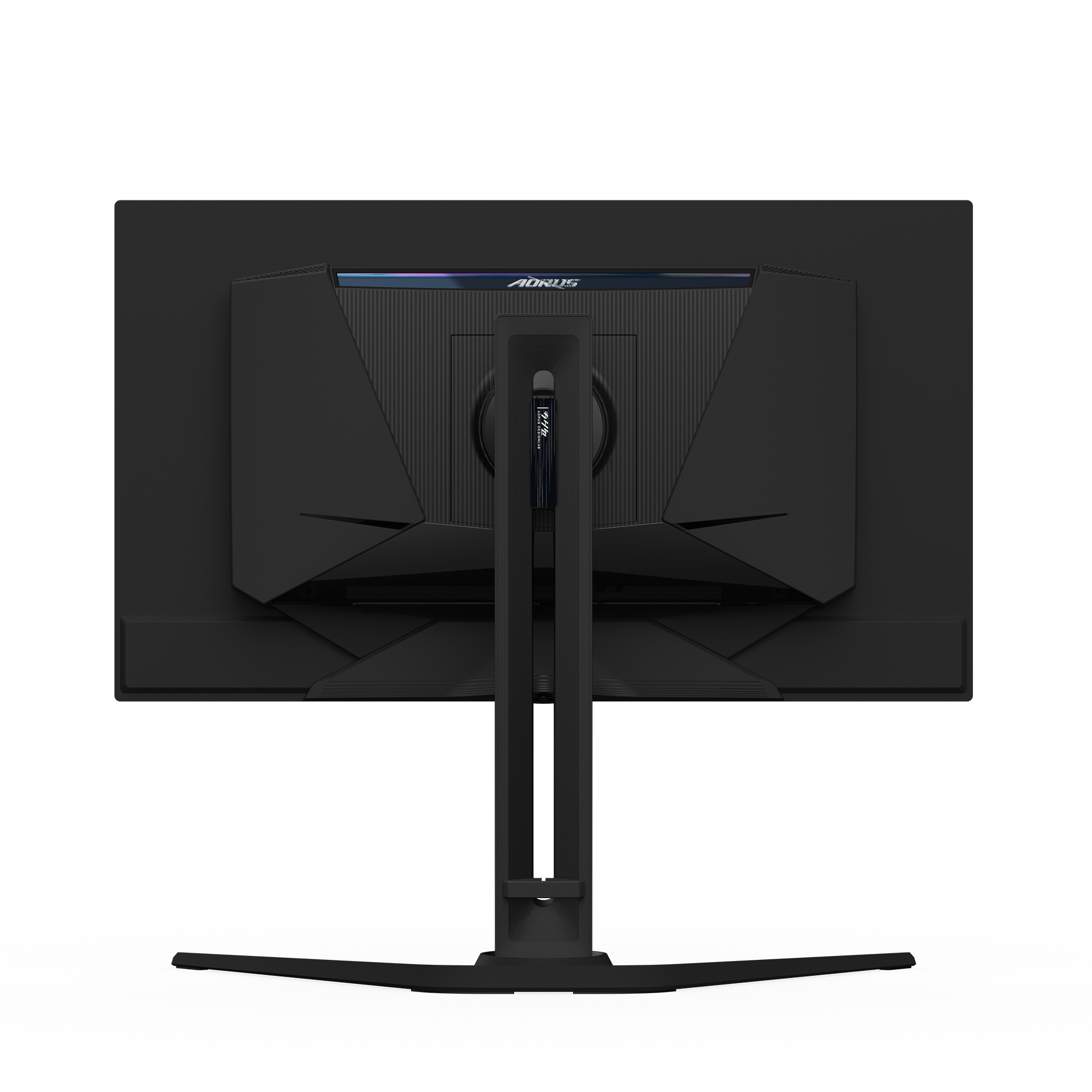 Die Rückseite eines schwarzen Computermonitors mit AORUS-Logo und Ständer.