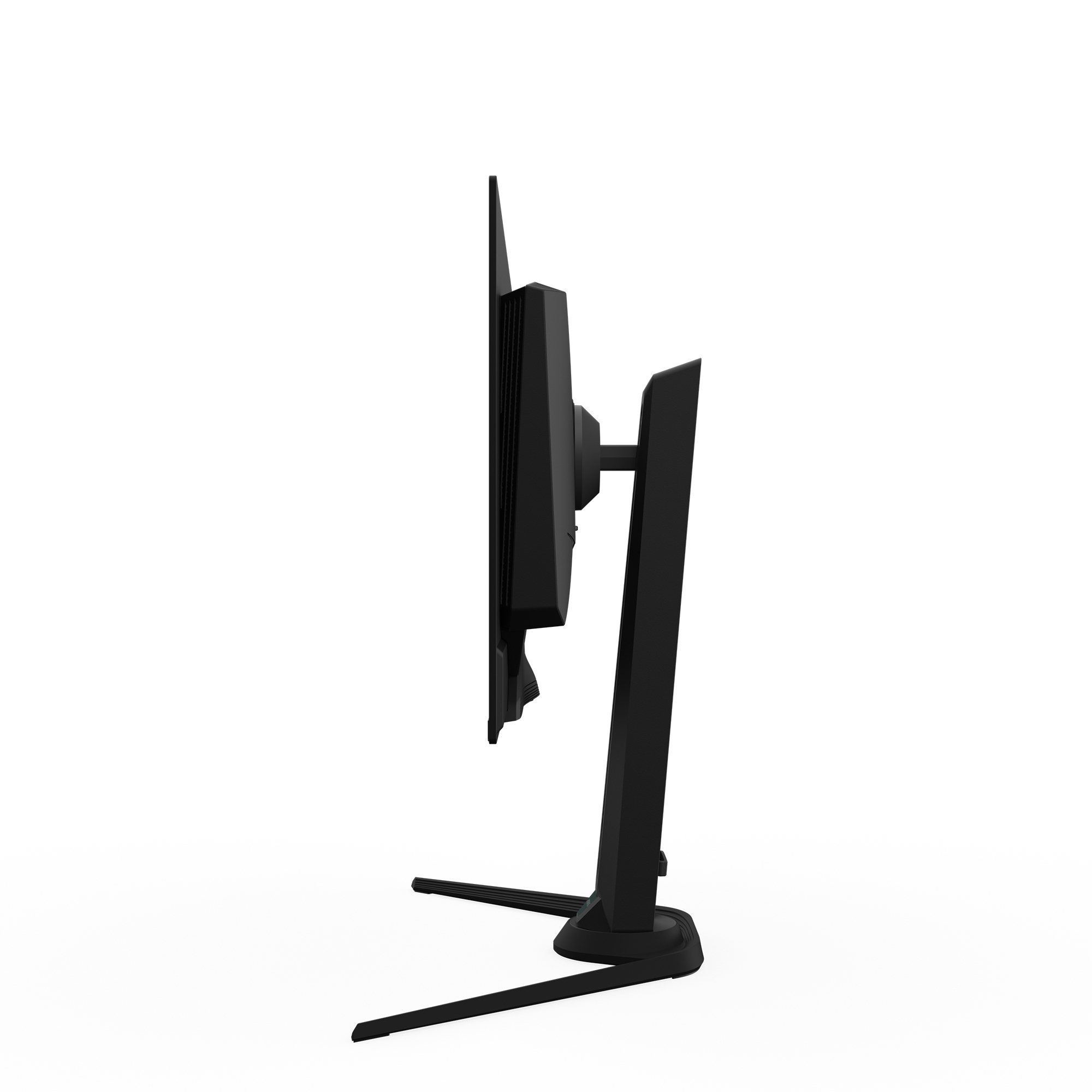 Schwarzer Computermonitor von der Seite. Er hat einen Ständer und eine dünne Blende.