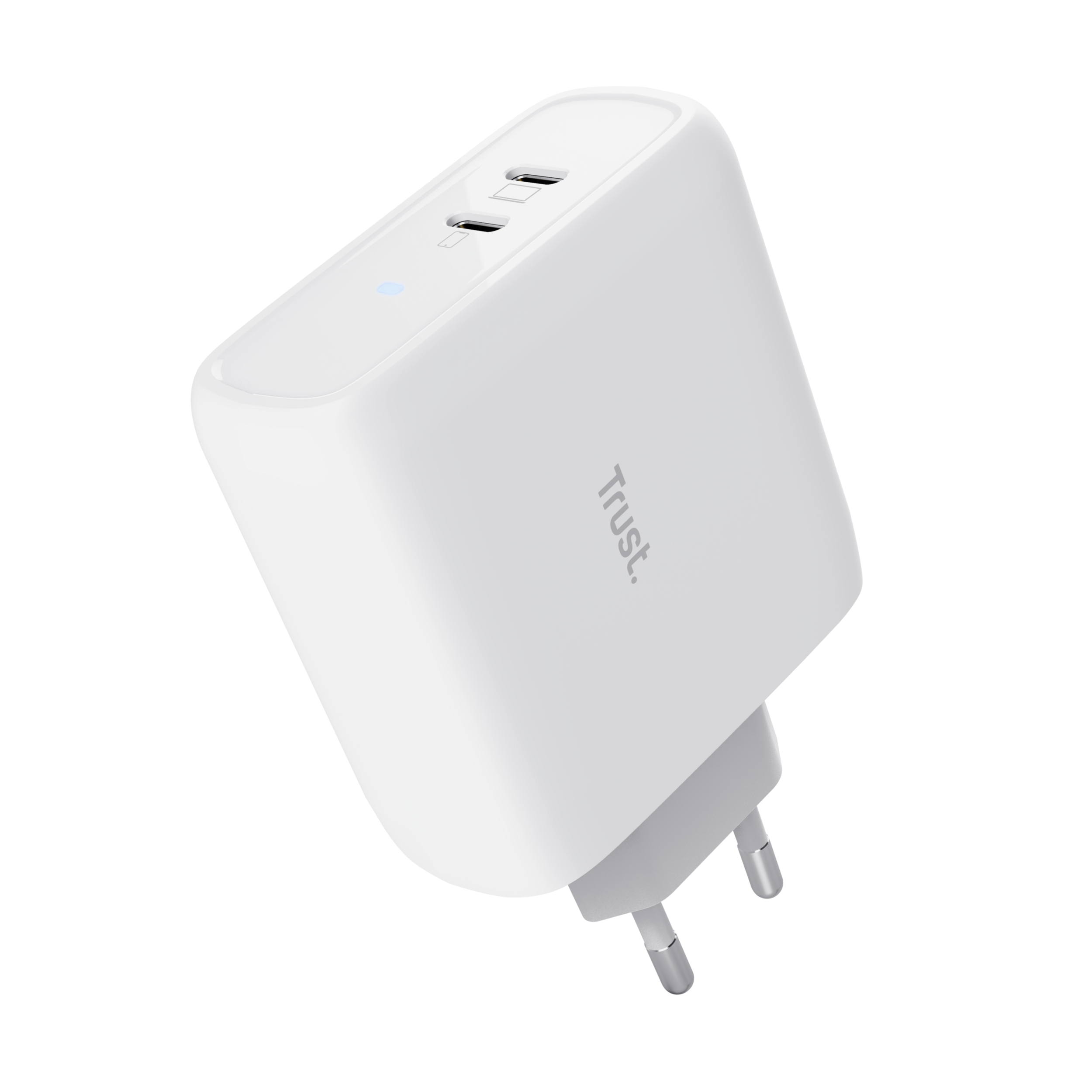 Witte oplader met twee USB-poorten en een stekker. Merk 'Trust' zichtbaar.