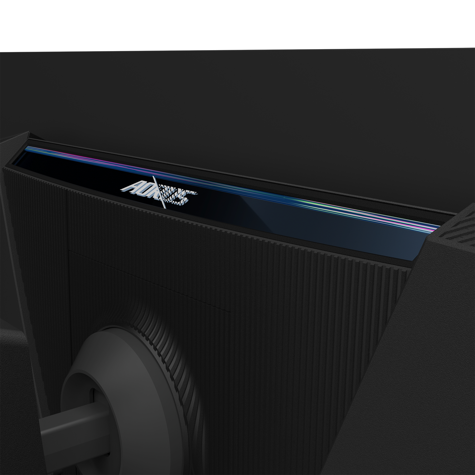 Ein Monitor mit schwarzem Rahmen. AORUS-Logo und RGB-Beleuchtung sind sichtbar.