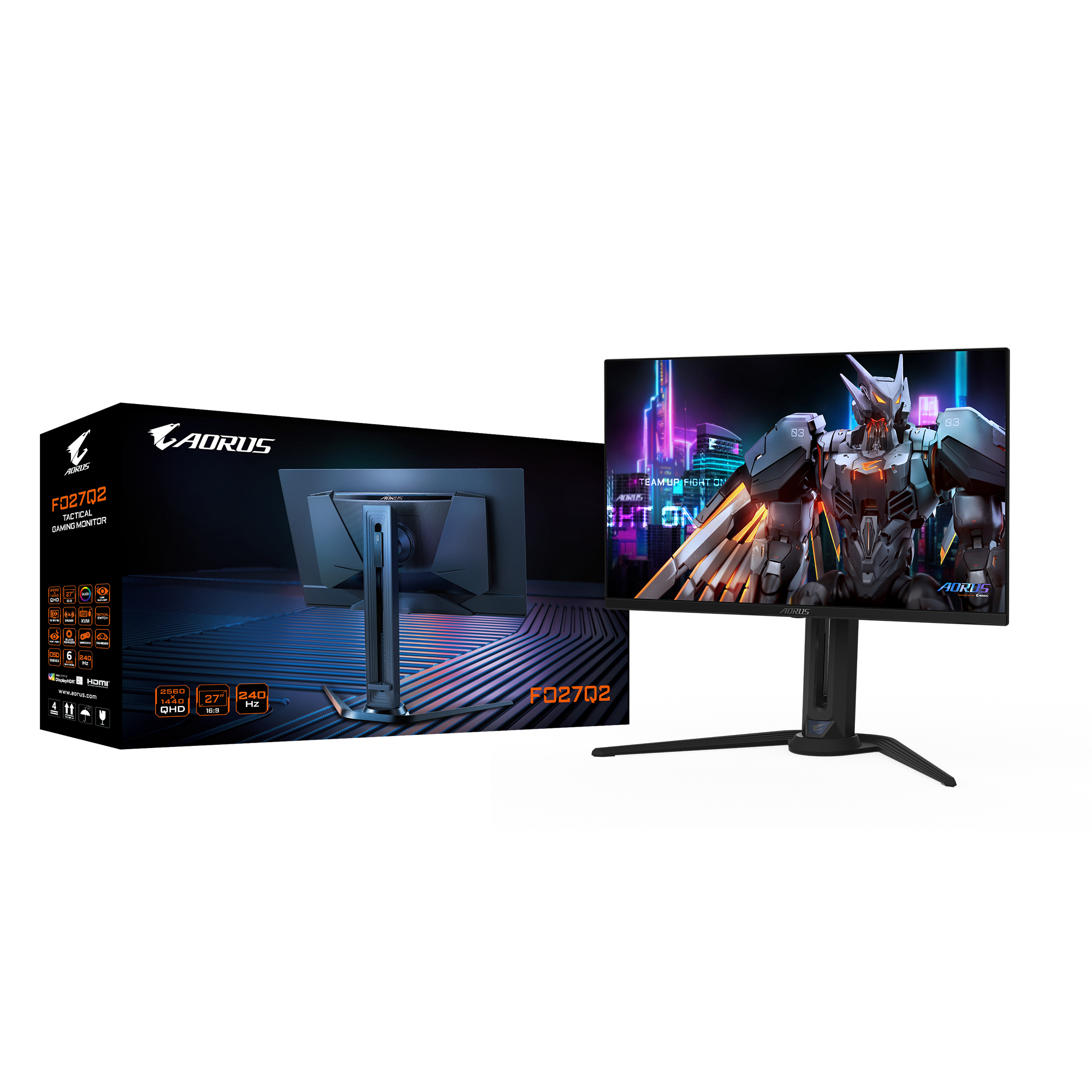 Gaming-Monitor und Box. Der Monitor ist schwarz mit einem Ständer, die Box hat Details und ein Bild.