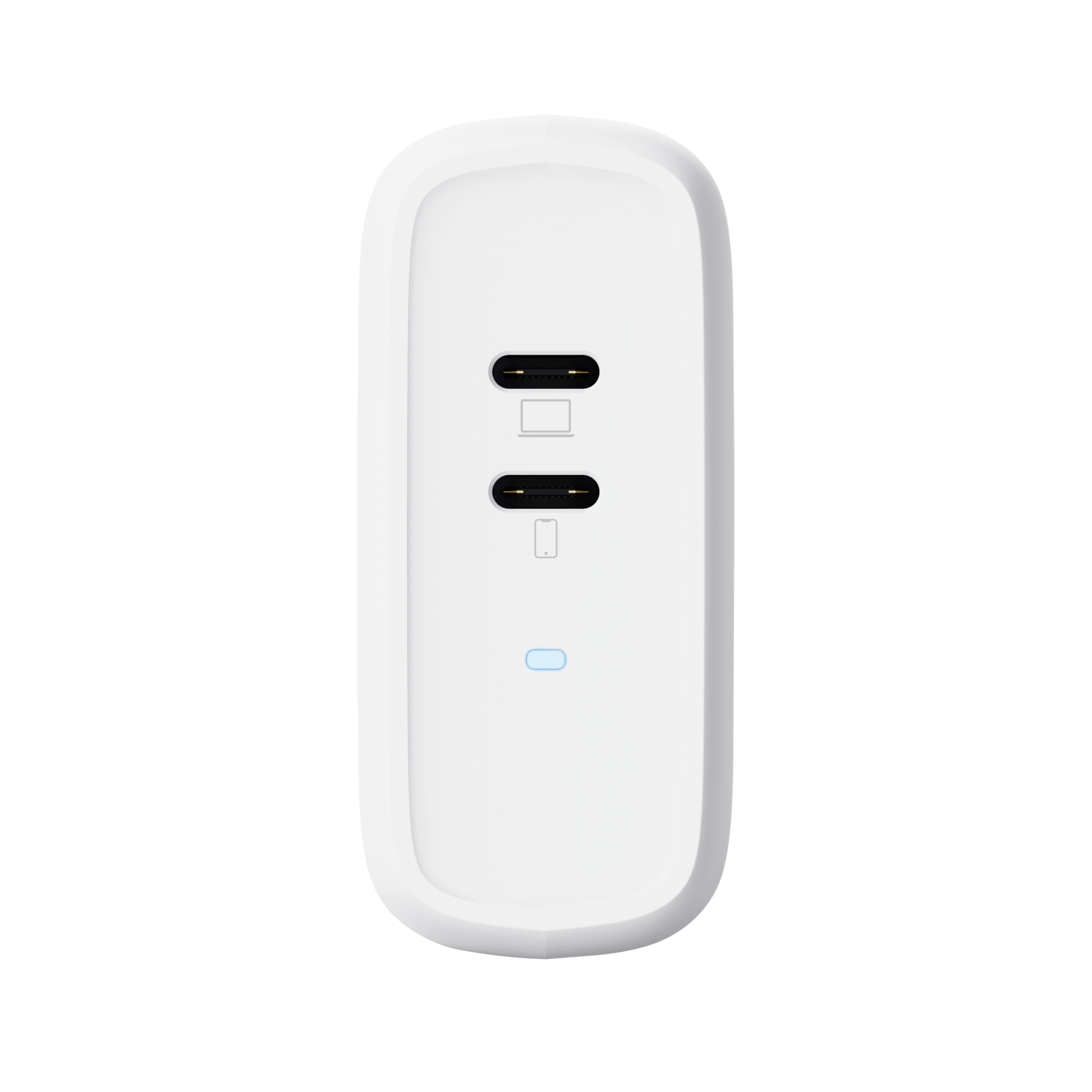 Witte voedingsadapter met twee USB-C-poorten en een klein lampje. Op zwarte achtergrond.