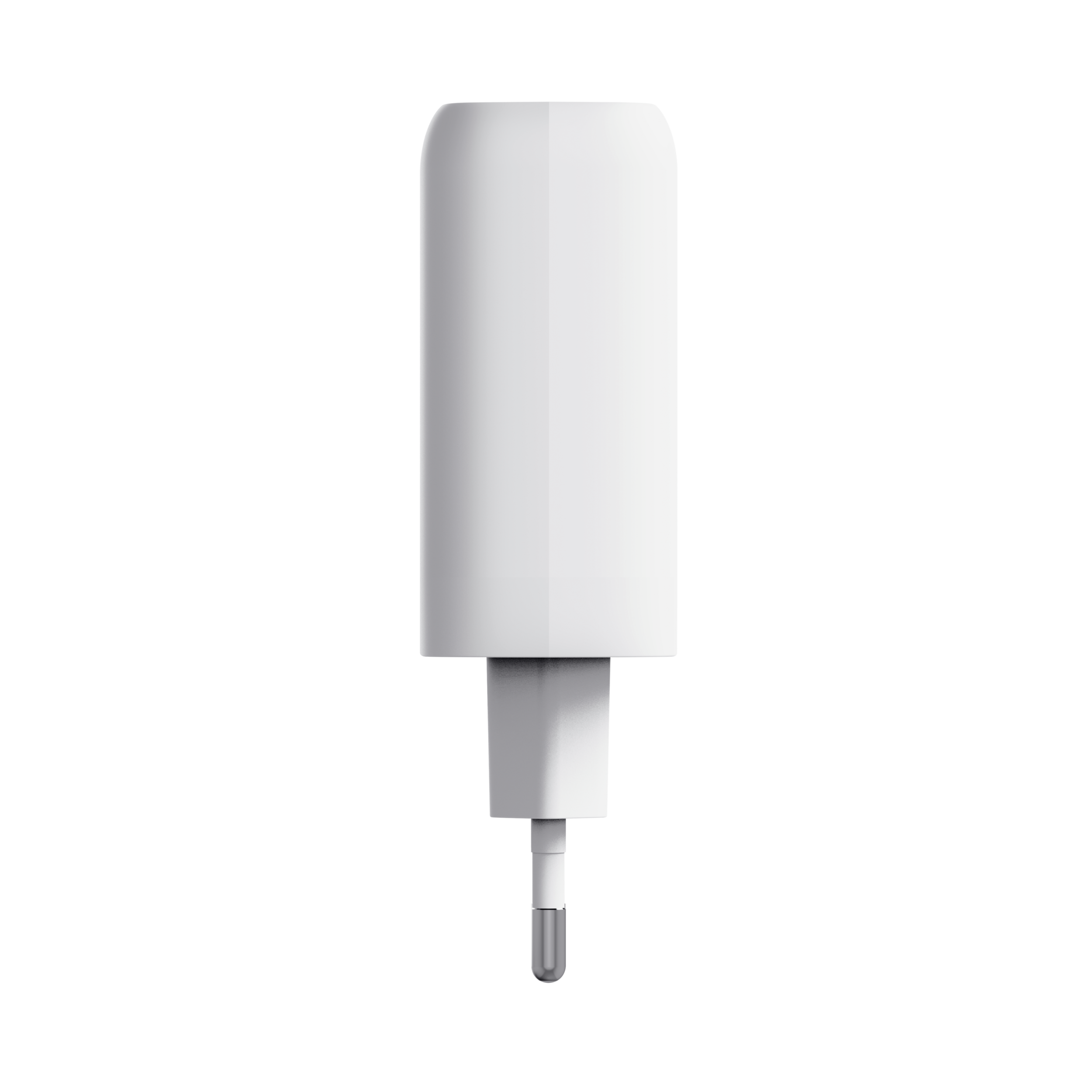 Een witte voedingsadapter. Het heeft een rechthoekige behuizing en een stekker.