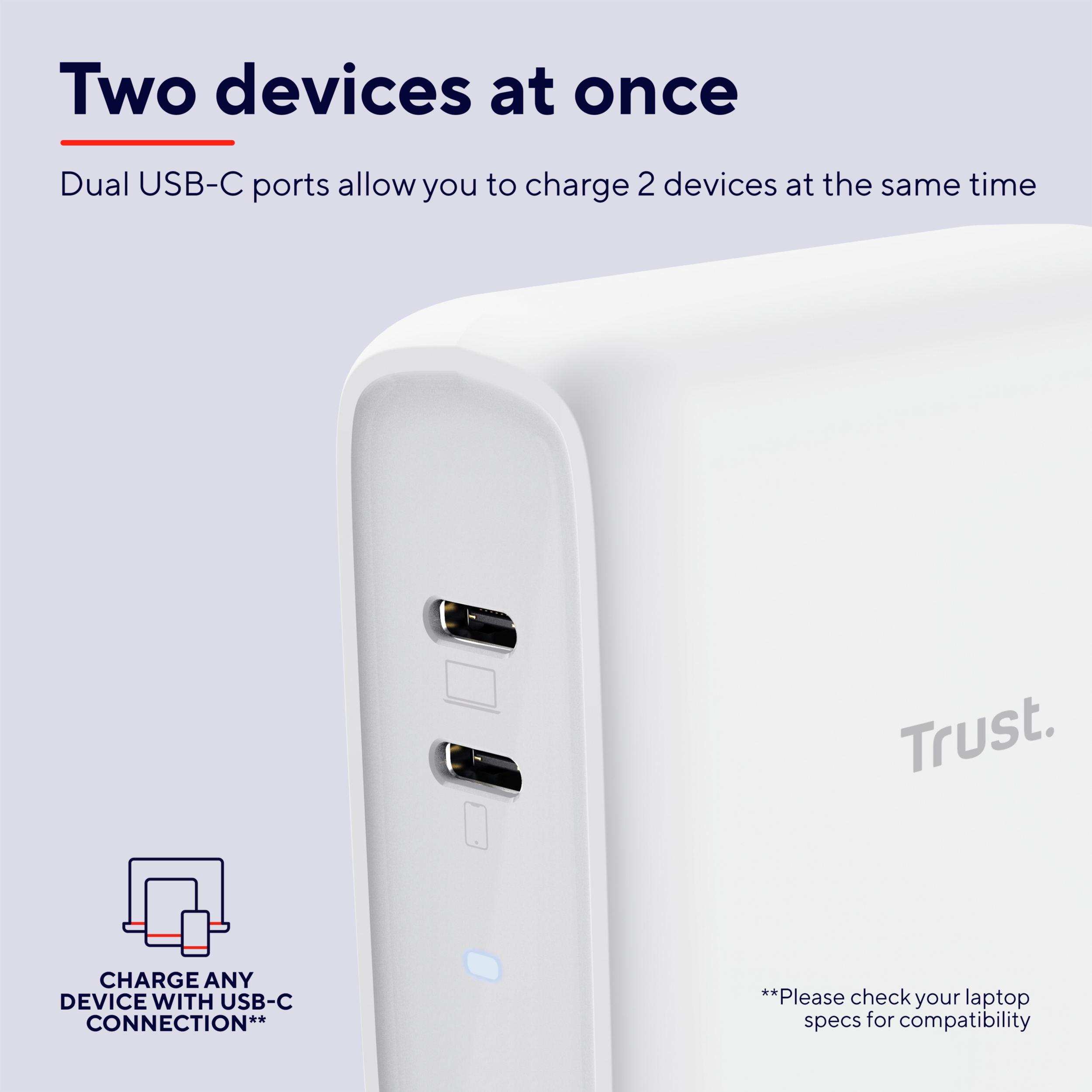 Witte oplader met USB-C poorten. Tekst: "Twee apparaten tegelijk."