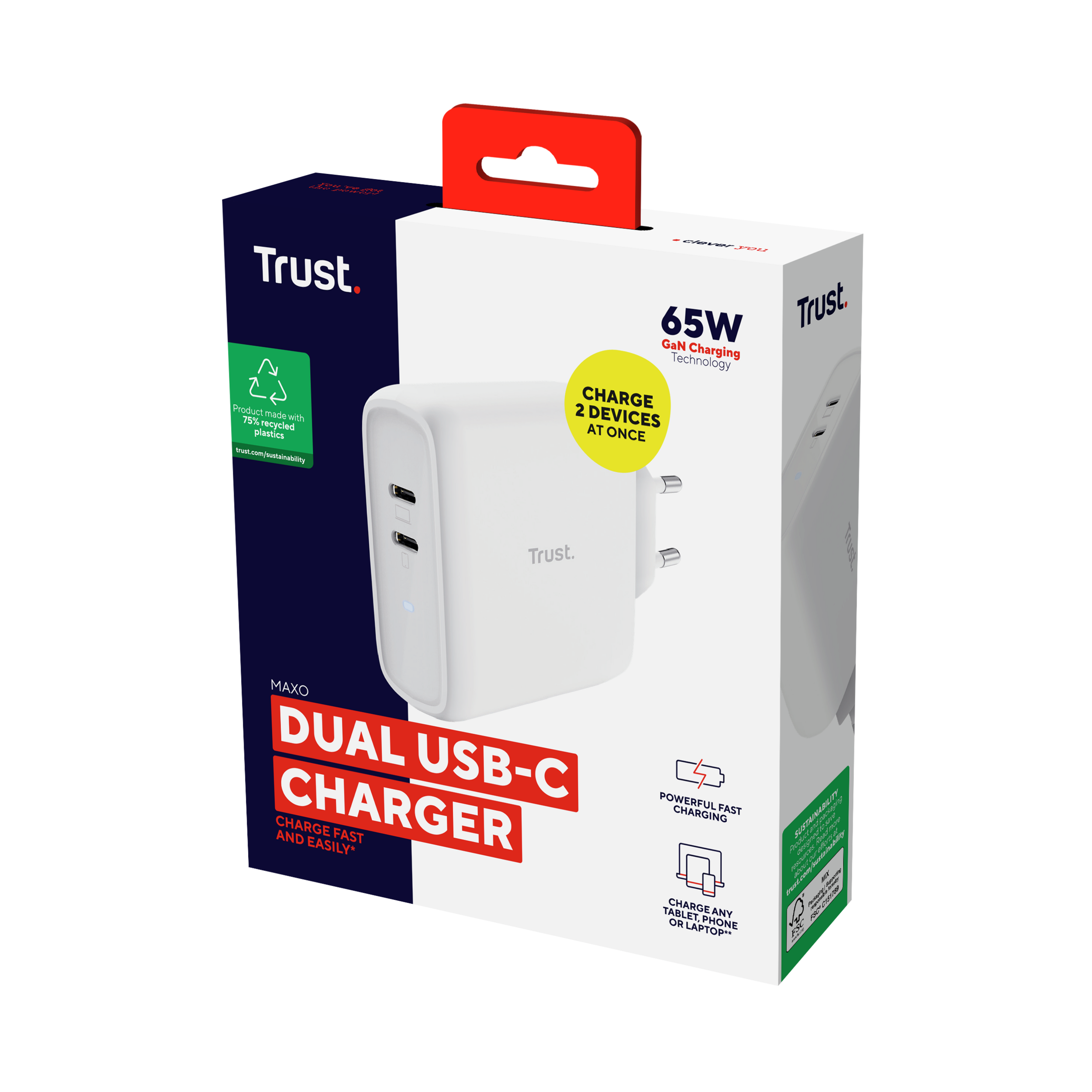 Witte oplader met dubbele USB-C poorten in een doos. Tekst bevat merk en functies.