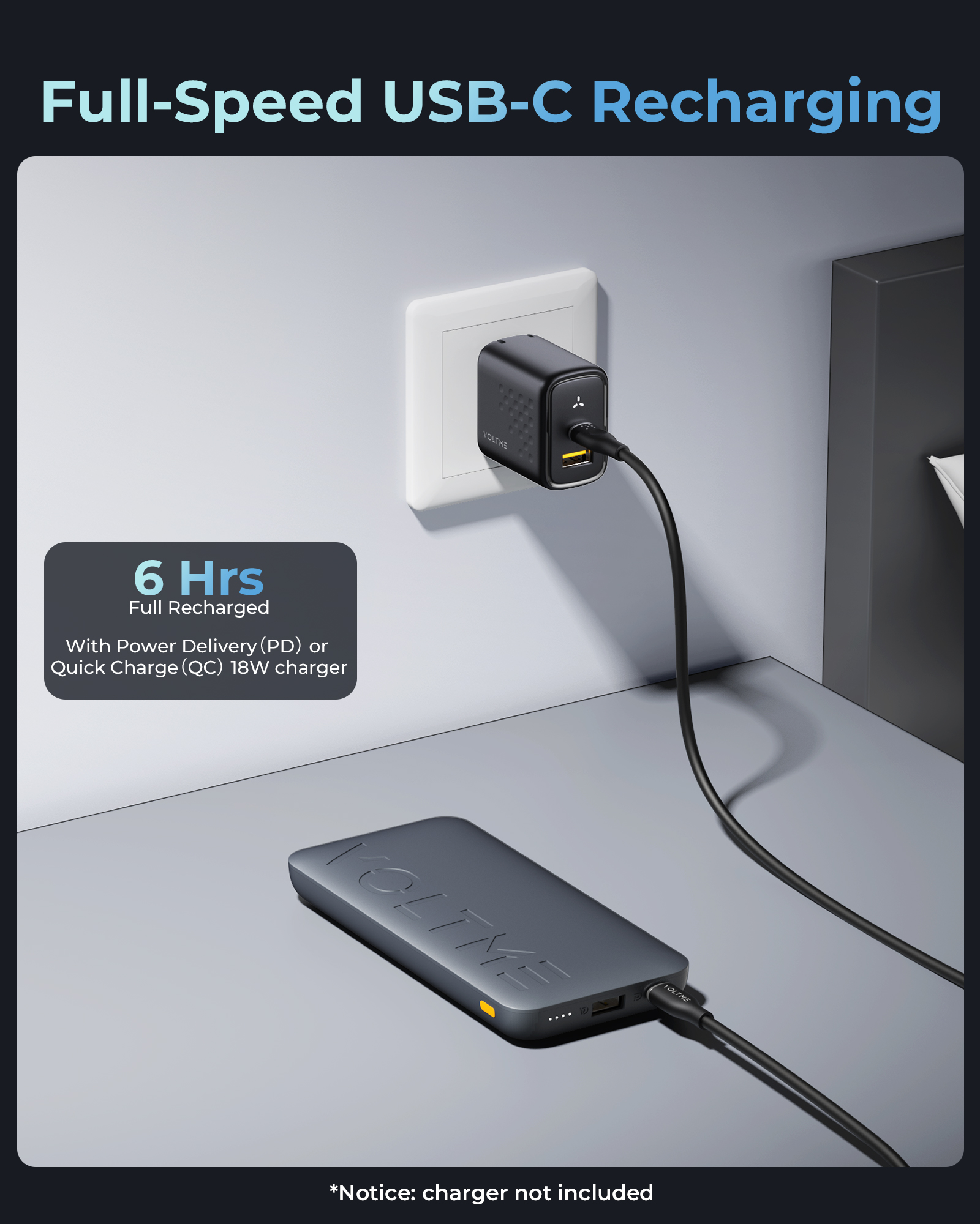 Cargador USB-C negro enchufado en un enchufe con banco de energía.