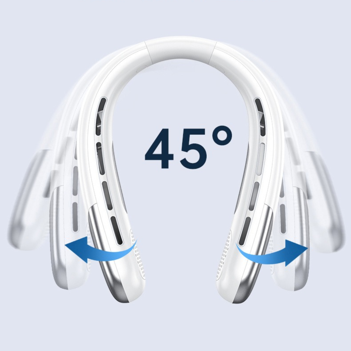 Weißer Nackenventilator mit Pfeilen, die 45-Grad-Bewegung zeigen. Isoliert auf blauem Hintergrund.