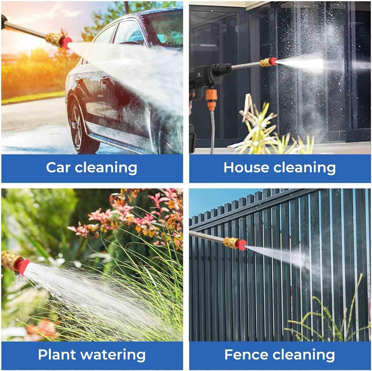 Un collage de usos de una hidrolavadora: limpieza de coches, limpieza de casas, riego de plantas y limpieza de vallas.