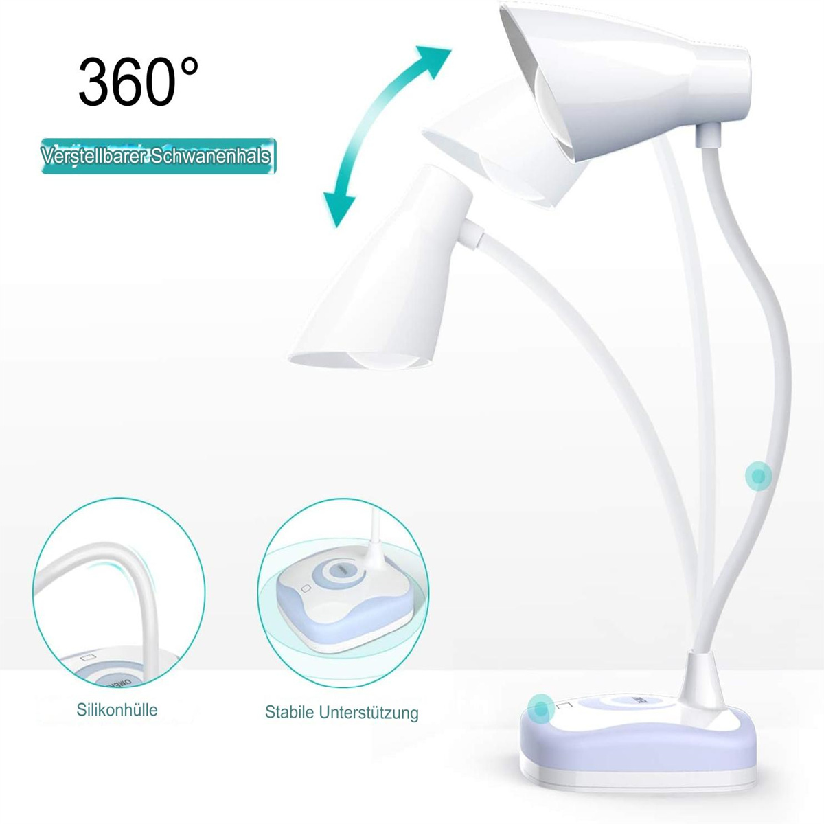 Weiße Schreibtischlampe mit flexiblem Hals und zwei kleinen Kreisen.