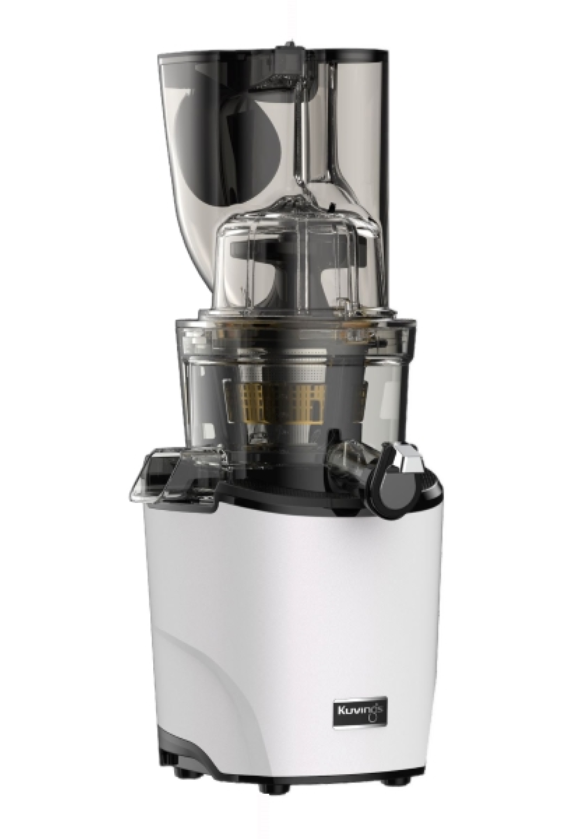 Estrattore di succo Kuvings bianco e trasparente. Verticale con parte superiore trasparente e base bianca.