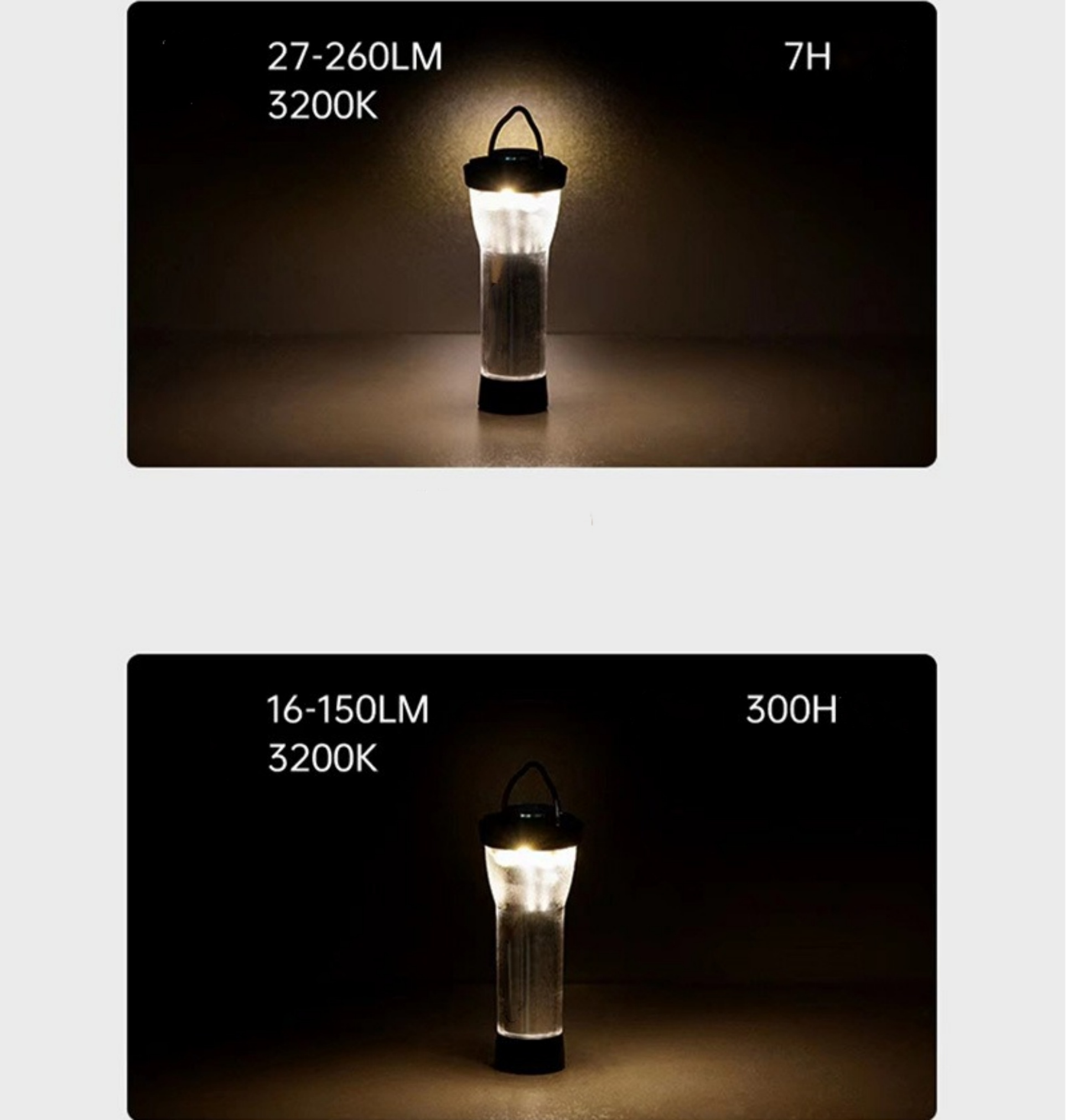 Zwei Taschenlampen mit Licht auf dunklem Hintergrund, Text überlagert.