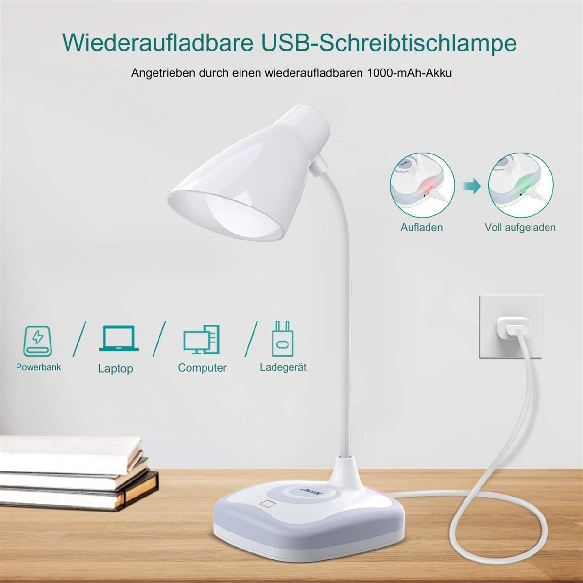 Weiße Schreibtischlampe mit gebogenem Hals. Diagramme zeigen Lade- und Vollladezustand.