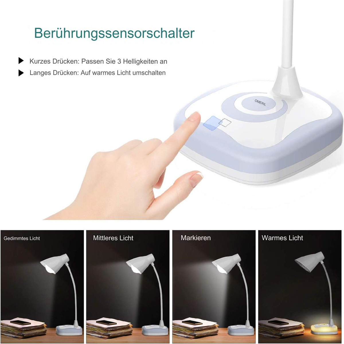 Eine Hand berührt eine Lampe. Die Lampe hat vier Beleuchtungsmodi.