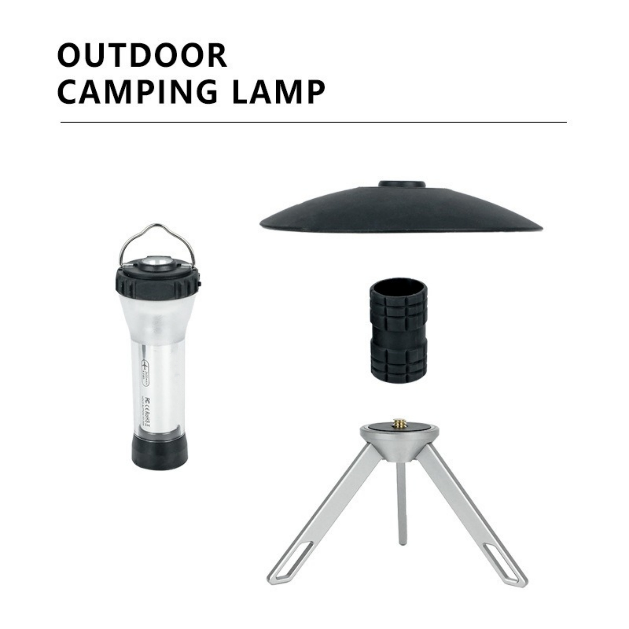 Campinglampen-Set mit Lampe, Schirm und Ständer. Weißer Hintergrund.
