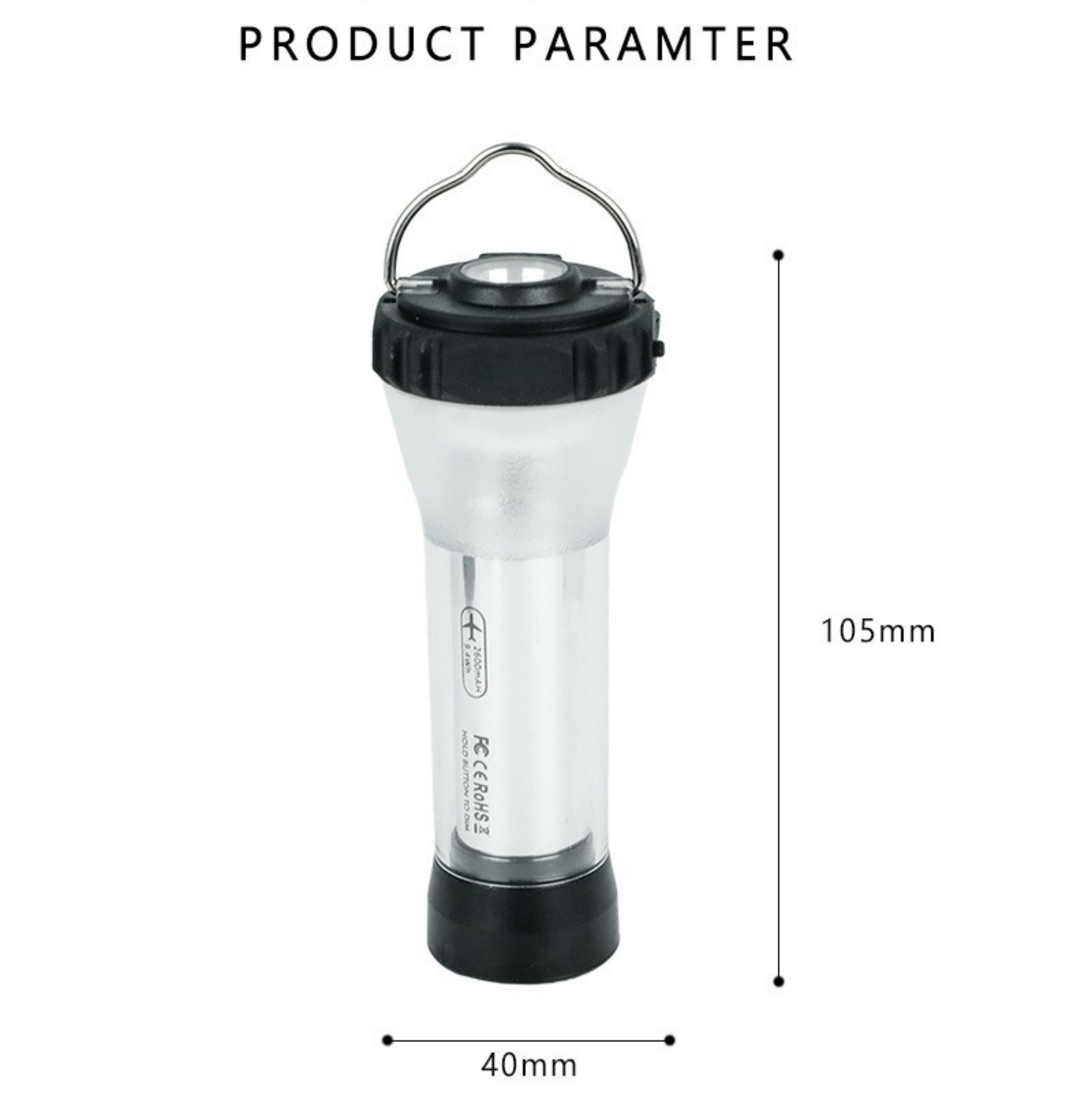 Eine silberne und schwarze Taschenlampe mit den Maßen 40 mm x 105 mm. Sie hat einen Griff und einen transparenten Kunststoffkörper.