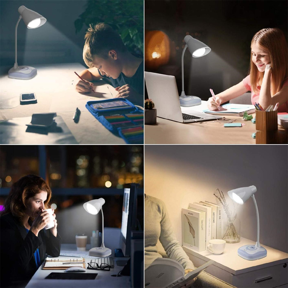 Mehrere Bilder einer Schreibtischlampe in Gebrauch. Die Lampe ist weiß, und verschiedene Personen benutzen sie.