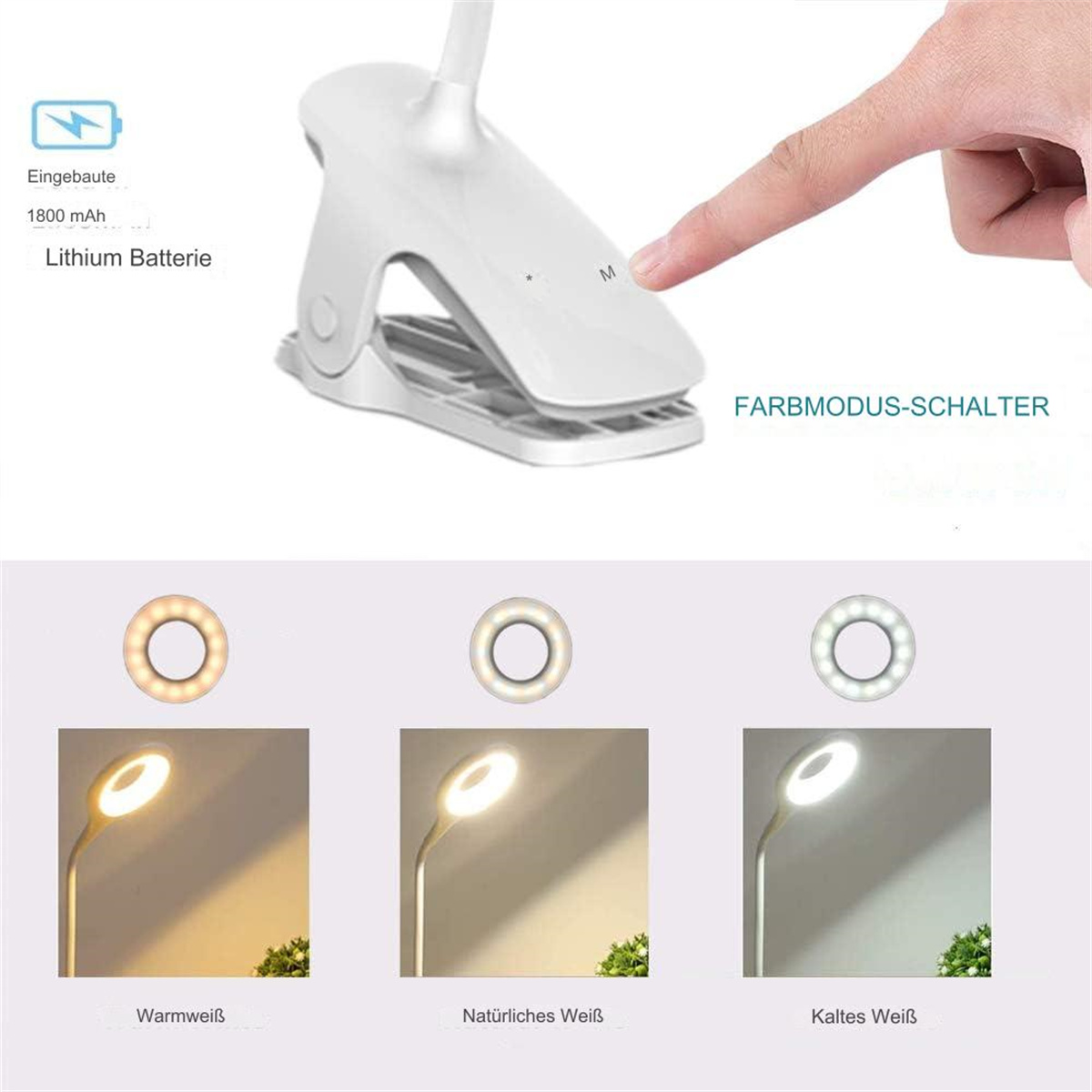 Eine weiße Schreibtischlampe mit Clip. Sie hat einen Knopf, und die Basis zeigt verschiedene Lichteinstellungen: warm, natürlich und kaltweiß.