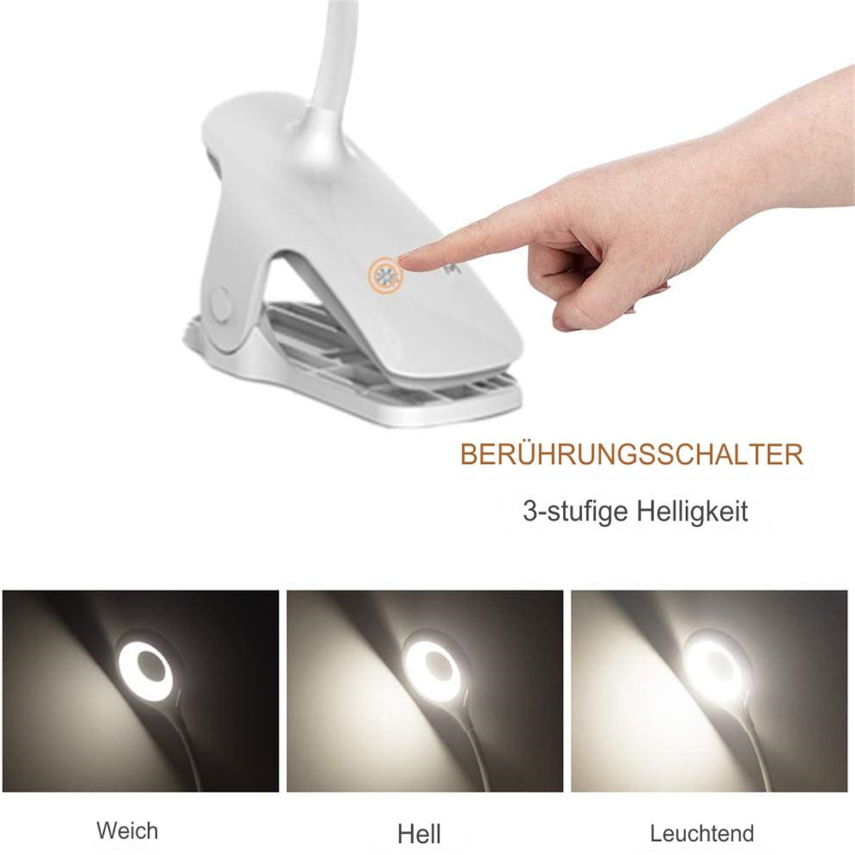 Weiße Clip-on-Lampe mit Touch-Taste. Die Lampe hat verschiedene Lichteinstellungen.