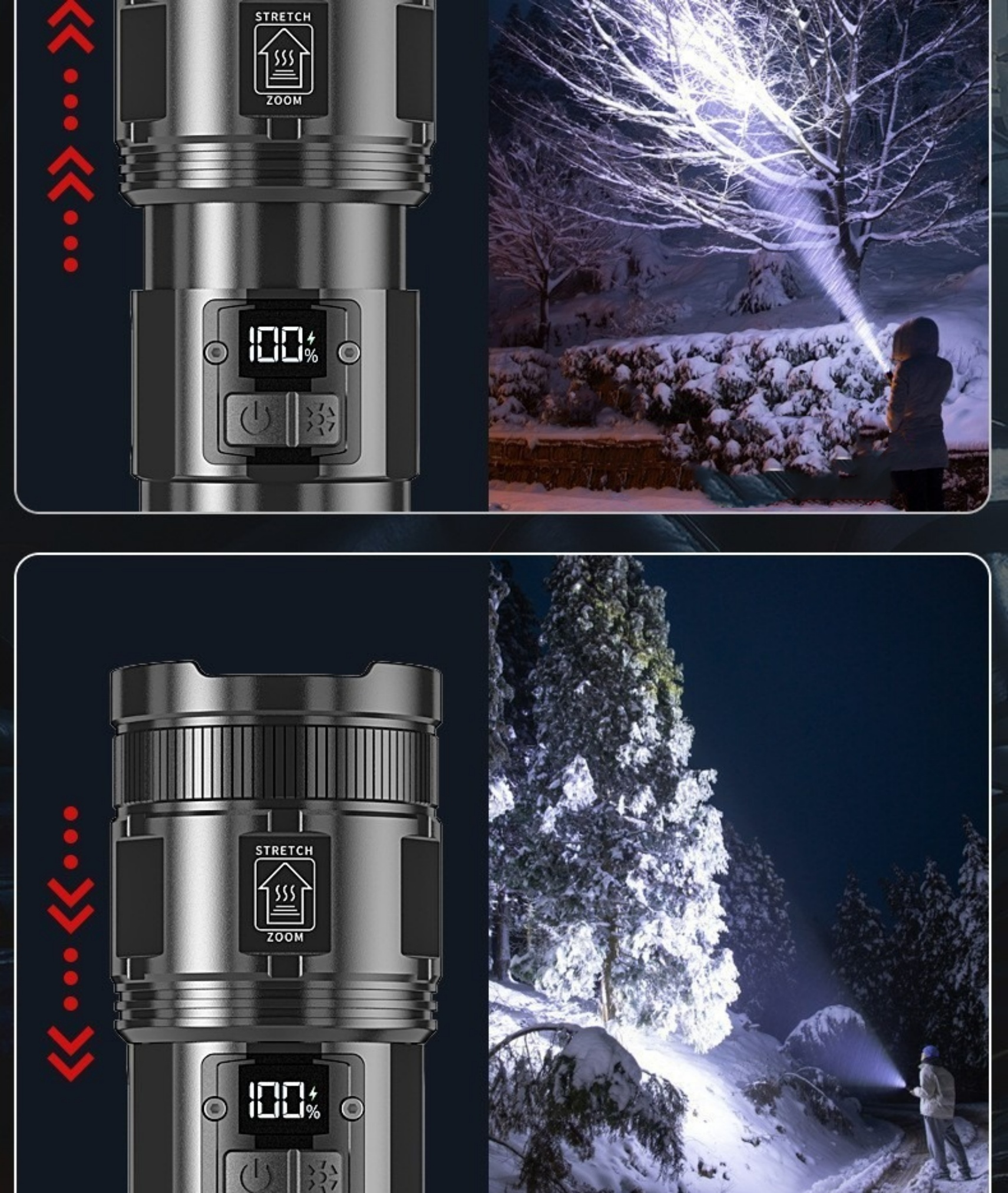 Eine silberne Taschenlampe mit Zoomfunktion, die eine verschneite Szene bei Nacht beleuchtet.
