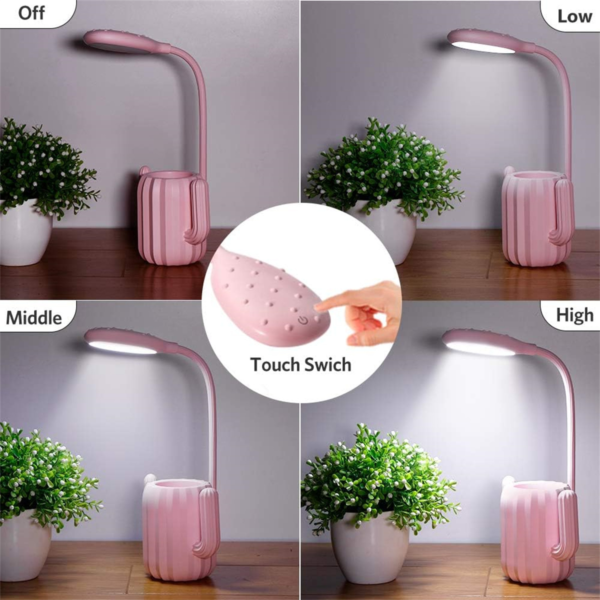Eine rosa Schreibtischlampe mit Touch-Schalter, zeigt die Lichtstufen: Aus, niedrig, mittel, hoch.