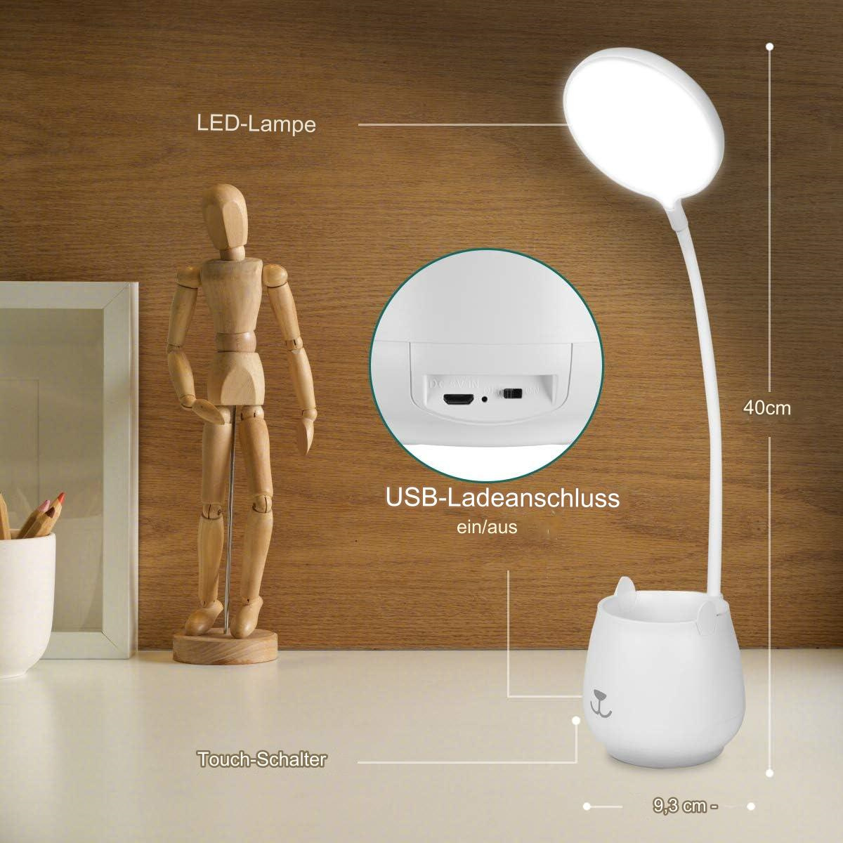 Eine weiße Schreibtischlampe mit flexiblem Arm und Basis mit kleinem Halter.