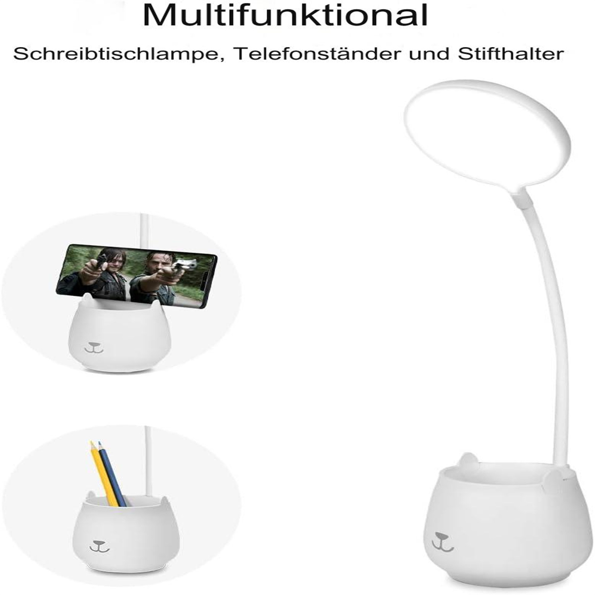 Eine Schreibtischlampe mit einem bärenförmigen Stifthalter und einem Telefonständer, der ein Telefon hält.