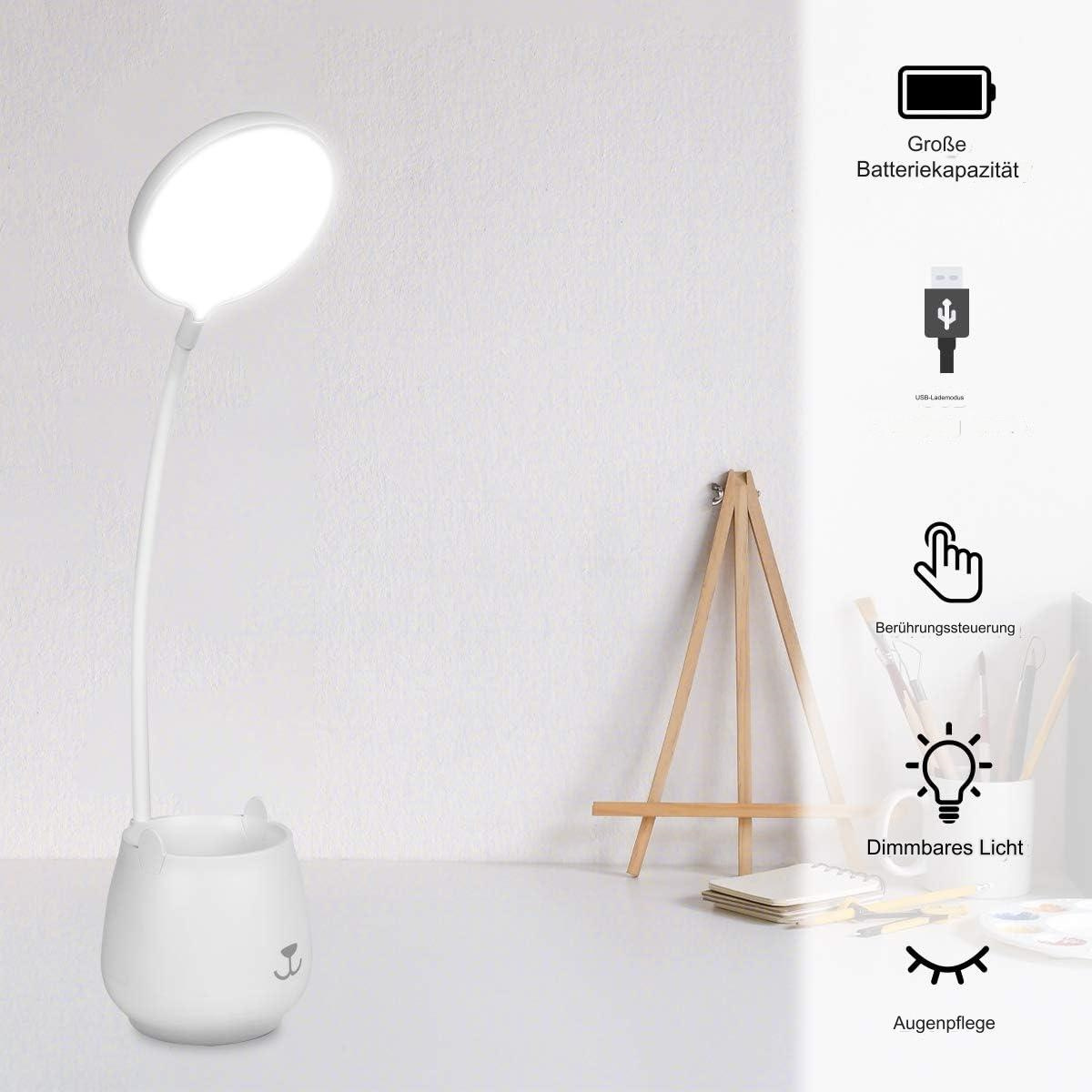 Eine weiße Schreibtischlampe mit Katzenfuß und rundem Licht. Sie hat eine Touch-Steuerung.